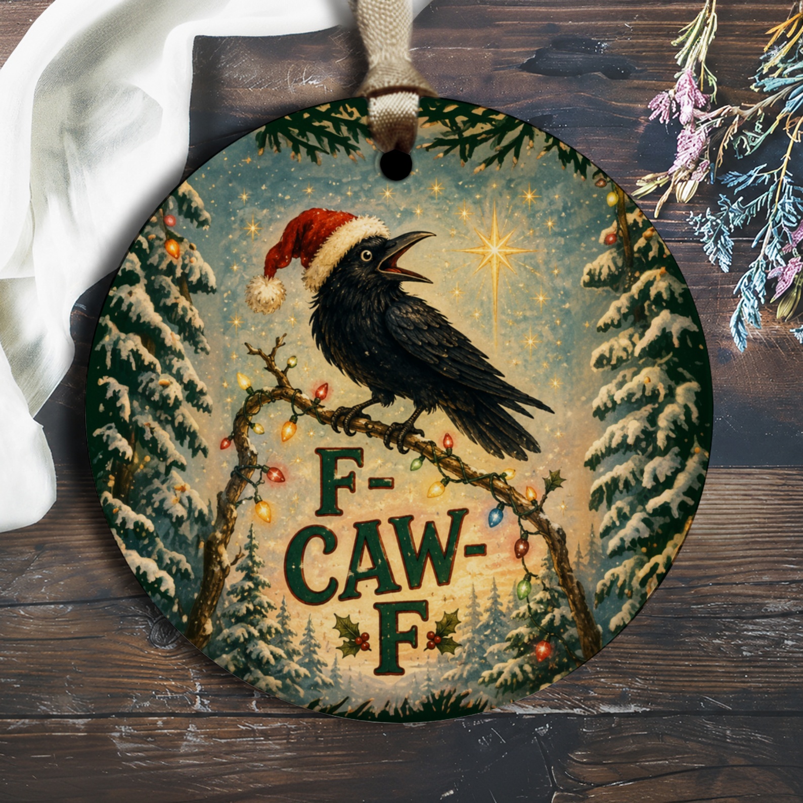 F-Caw-F Funny Crow Christmas Ornament Holiday Decor Santa Hat Lights Winter Tree Branch Festive Home Decoration O2199