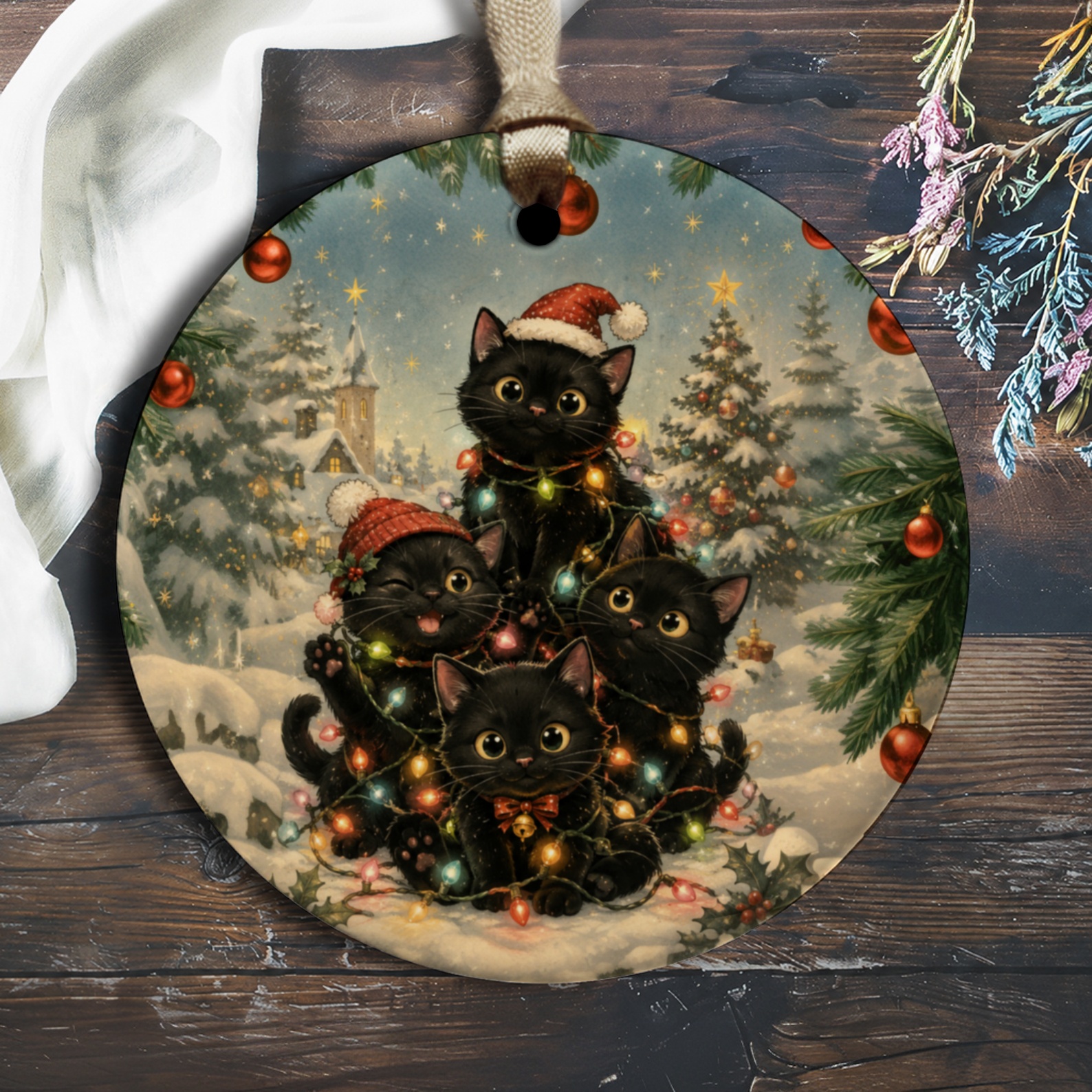 Black Cats Christmas Ornament Cute Holiday Decor Festive Cat Lover Gift Winter Tree Decoration Adorable Feline O2130