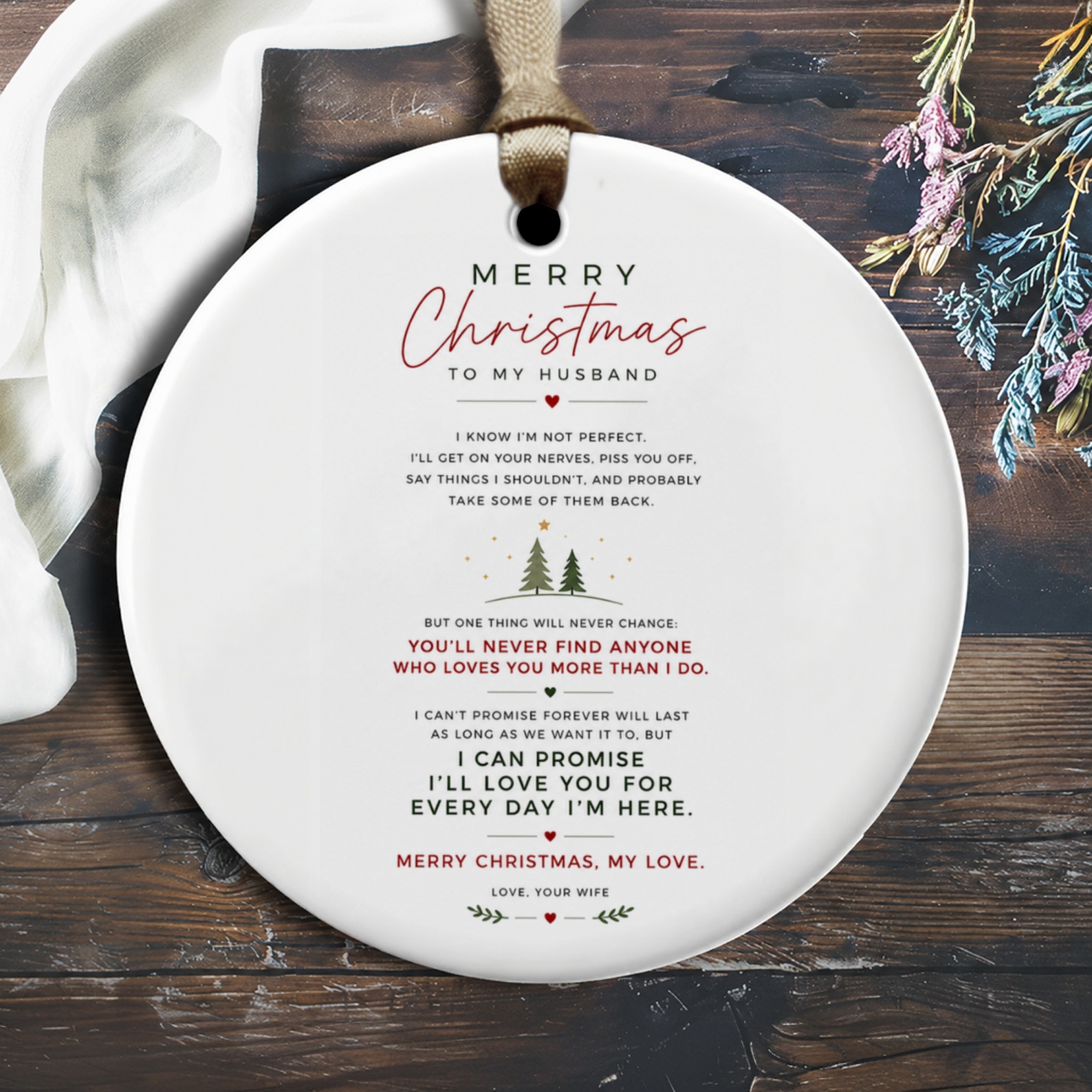 Merry Christmas To My Husband Ornament Romantic Christmas Gift For Husband From Wife Love Message Holiday Decor O2214
