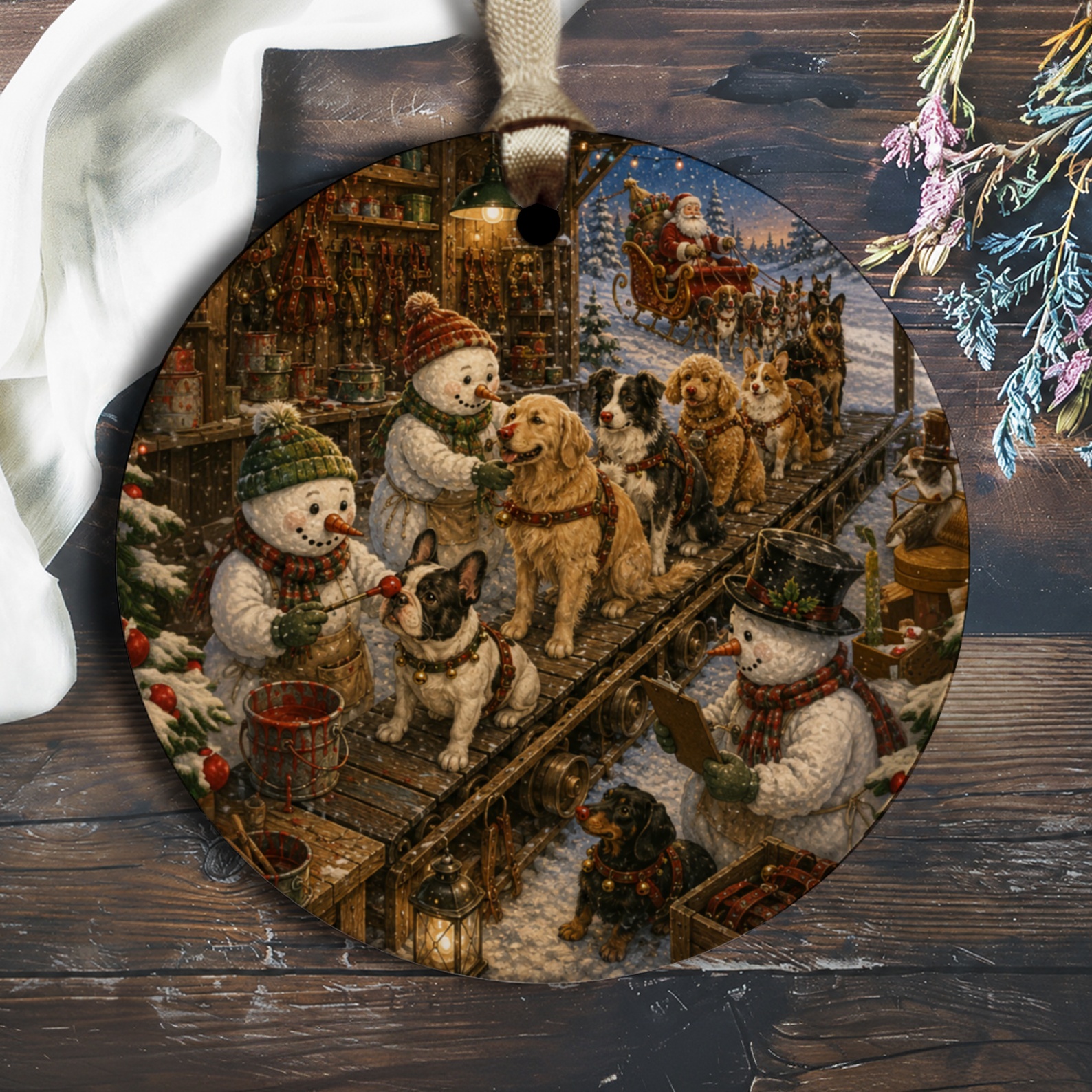 Snowmen With Dogs Christmas Ornament Santa Sleigh Winter Scene Holiday Decor Cute Festive Ornament For Dog Lovers O2149