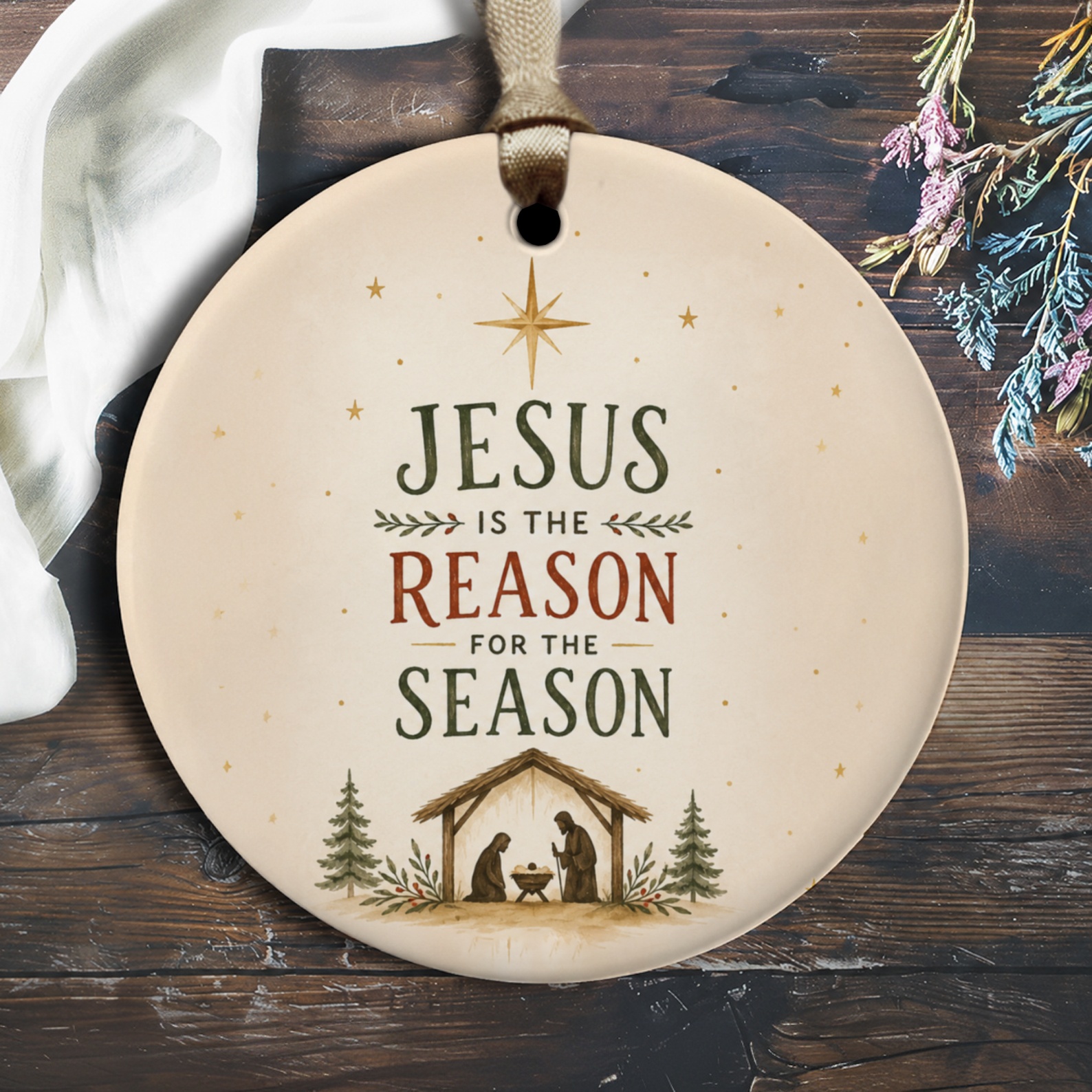 Jesus Is The Reason For The Season Christmas Ornament Nativity Scene Religious Holiday Decor Christian Gift O2166