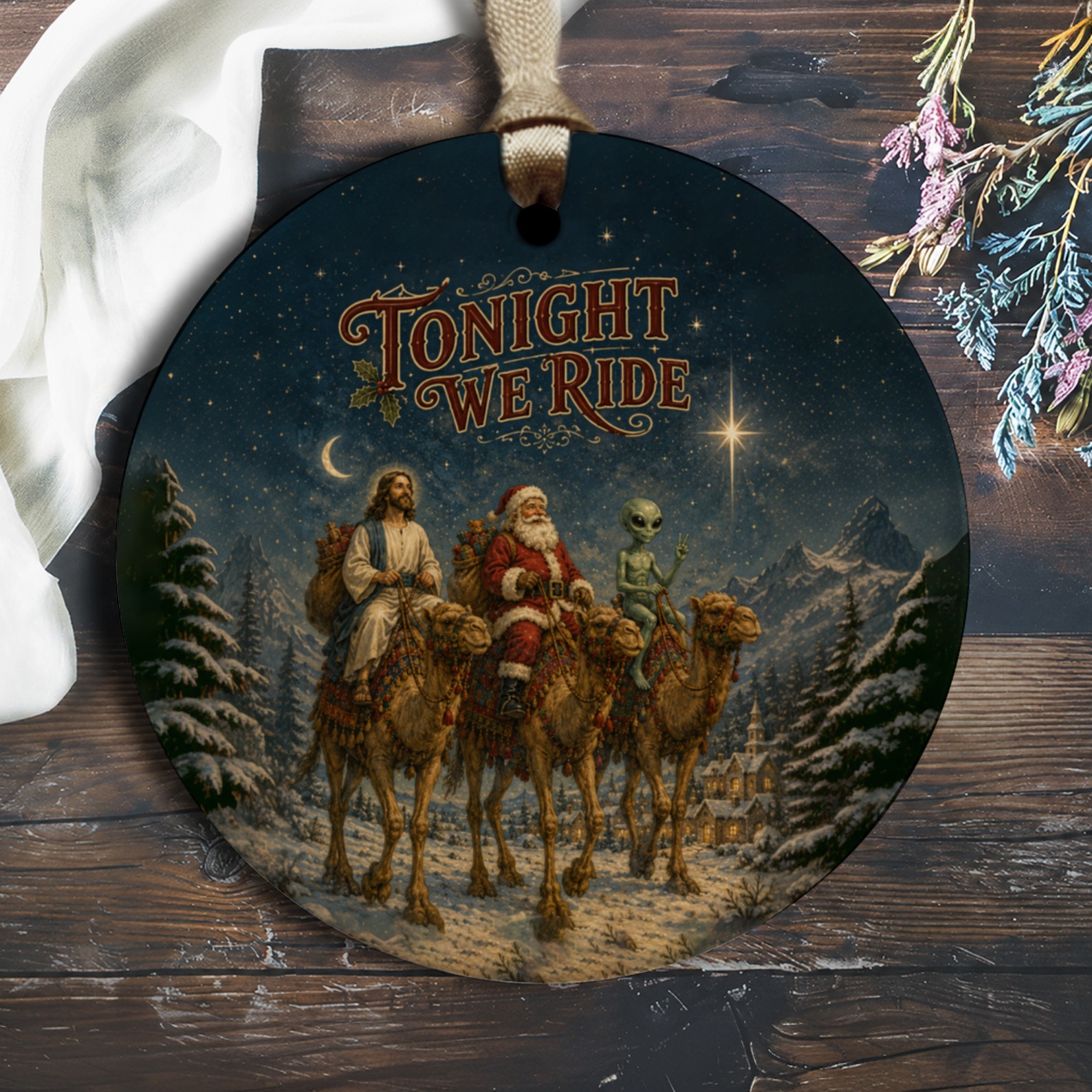 Tonight We Ride Christmas Ornament Santa Jesus Alien Funny Holiday Decor Unique Xmas Tree Decoration O2174