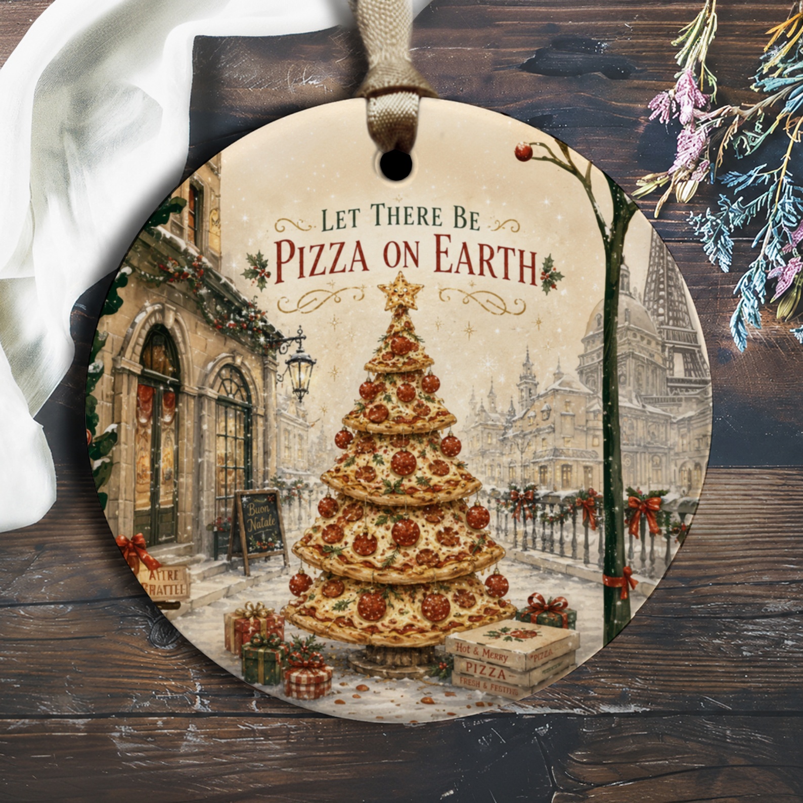 Let There Be Pizza On Earth Christmas Ornament Funny Pizza Tree Holiday Decor Foodie Gift Unique Xmas Decoration O2179