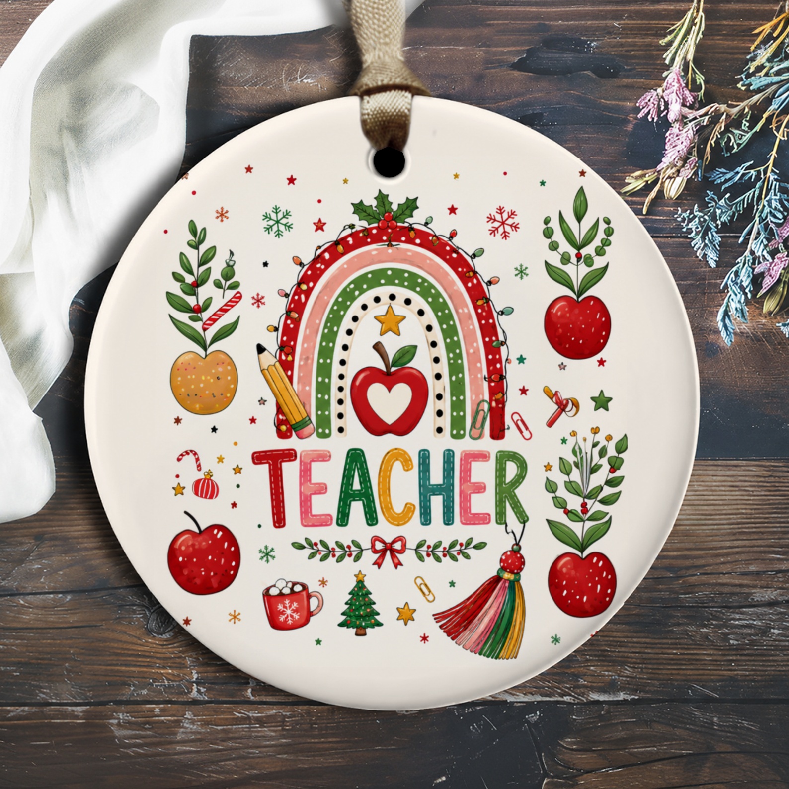 Teacher Christmas Ornament Rainbow Apple Holiday Gift For Teachers Classroom Decor Festive Teacher Appreciation O2180
