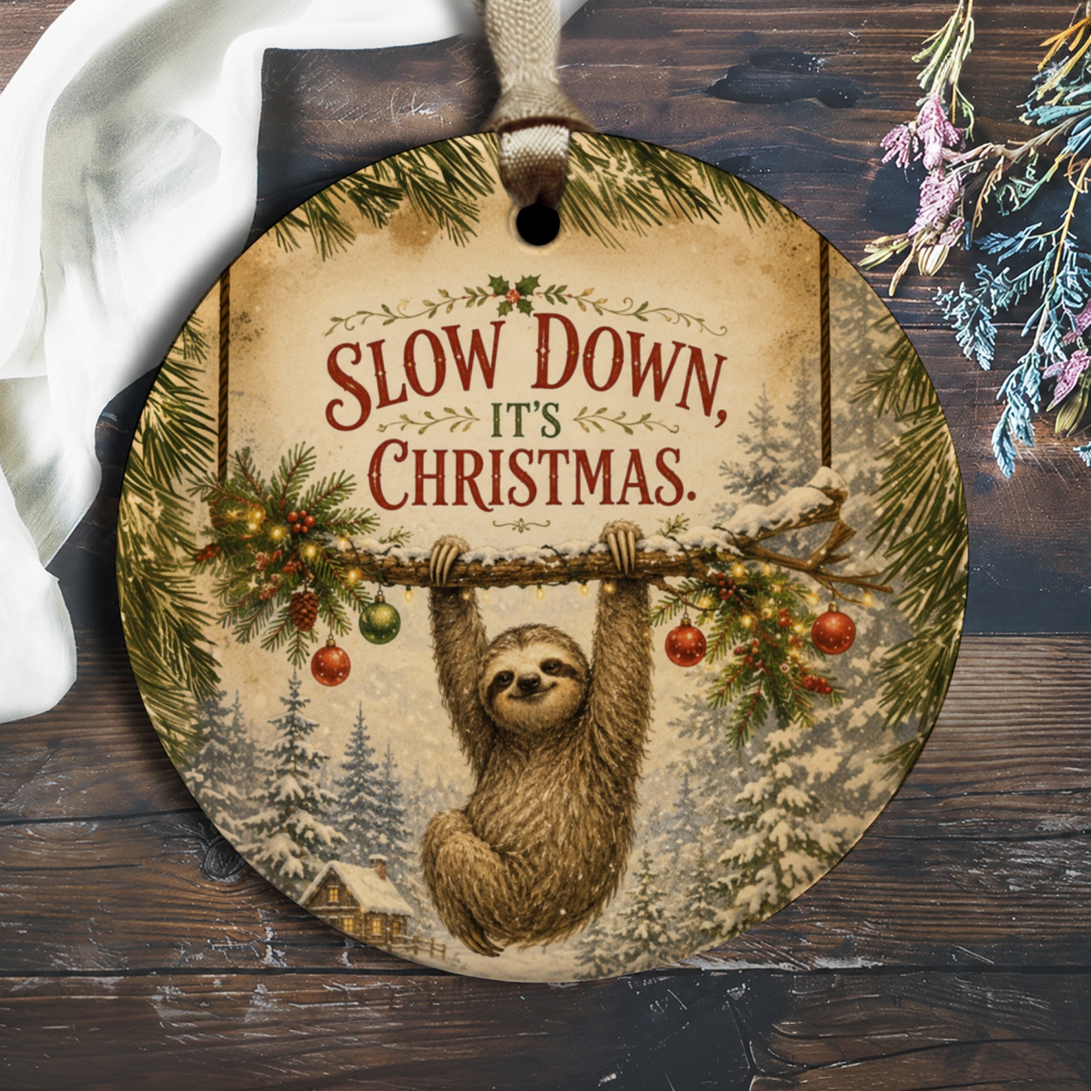 Slow Down, It's Christmas Ornament Cute Sloth Holiday Decor Christmas Tree Decoration Festive Hanging Ornament Gift O2193
