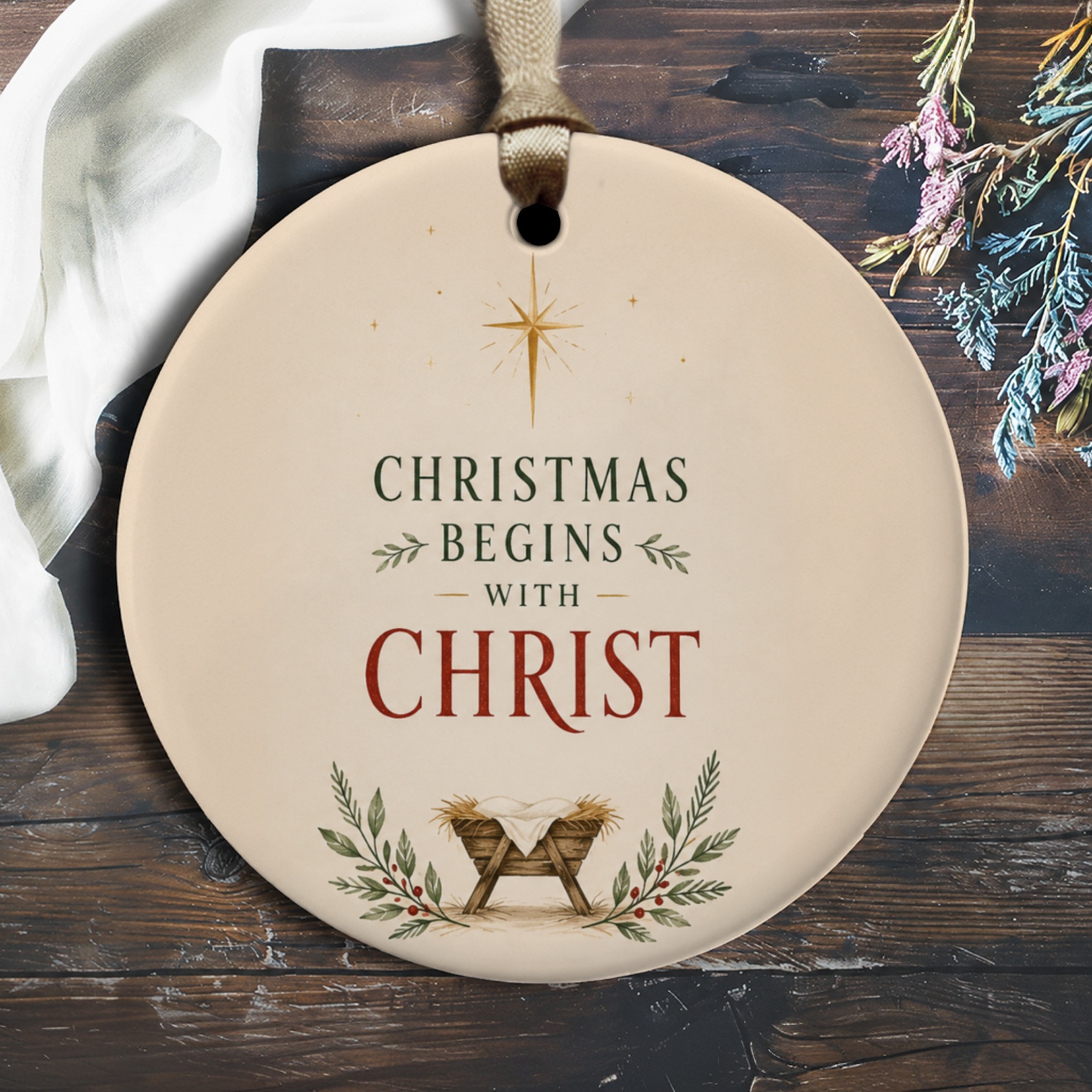 Christmas Begins With Christ Ornament Religious Christmas Decor Manger Scene Holiday Decoration Christian Gift O2197