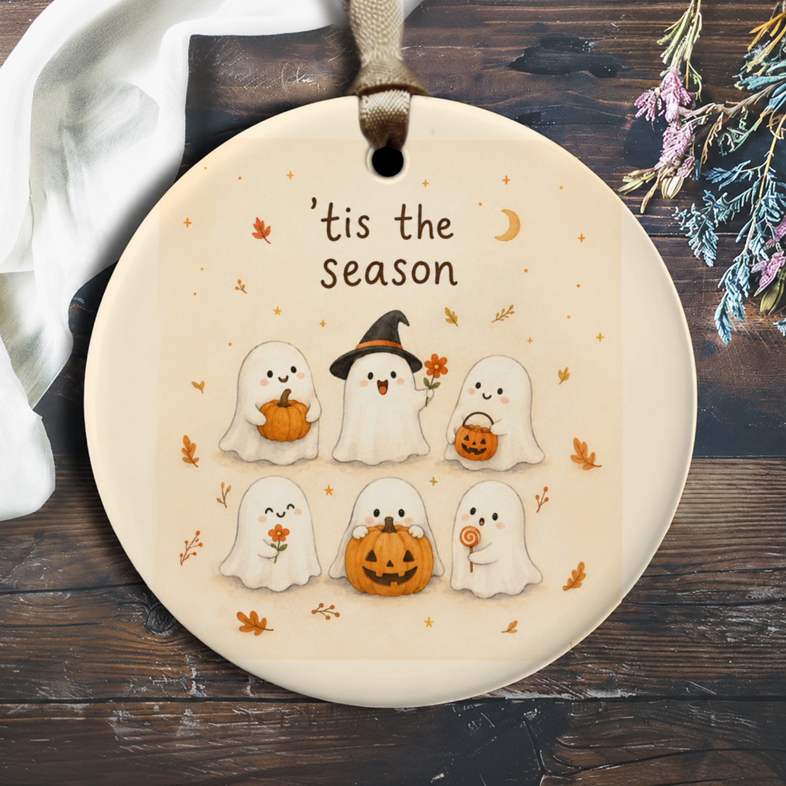Tis The Season Halloween Ornament Cute Ghost Illustration Pumpkin Decor Fall Seasonal Decoration Spooky Home Decor O2203