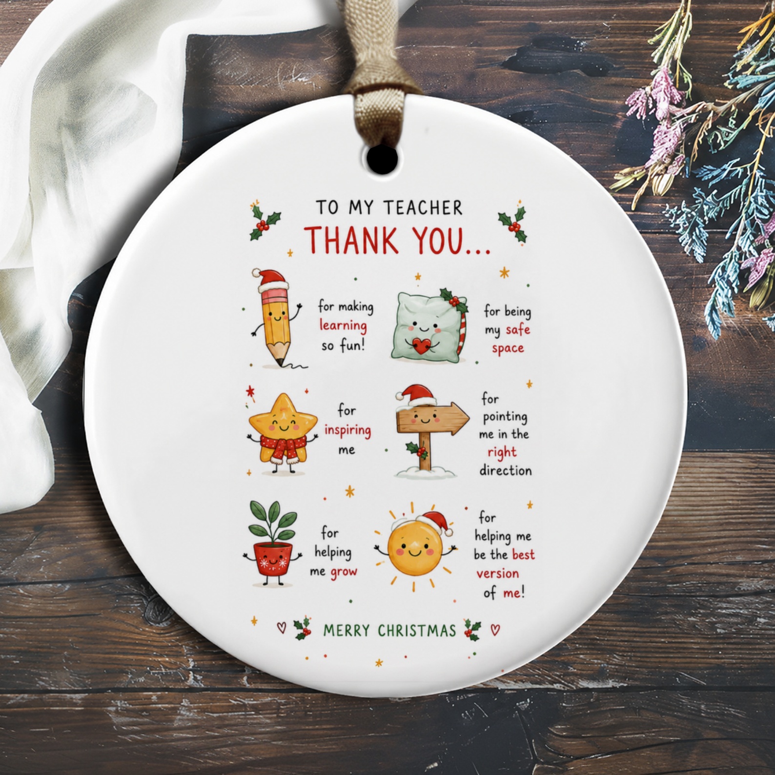 To My Teacher Thank You... Merry Christmas Ornament Teacher Appreciation Gift Holiday Decor Cute Christmas Ornament O2204