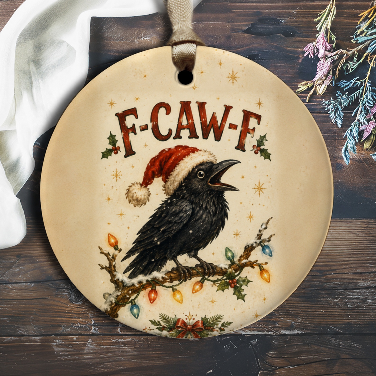 F-Caw-F Funny Christmas Ornament Crow With Santa Hat Holiday Decor Unique Gift For Bird Lovers Festive Tree Decoration O2205