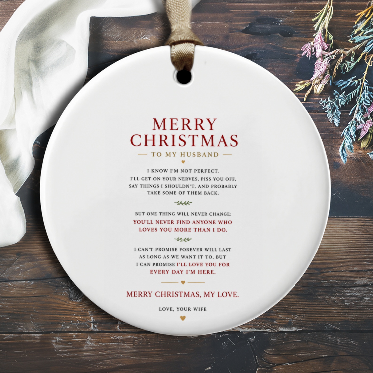 Merry Christmas To My Husband Ornament Romantic Christmas Gift For Husband Sentimental Holiday Keepsake From Wife Love O2224