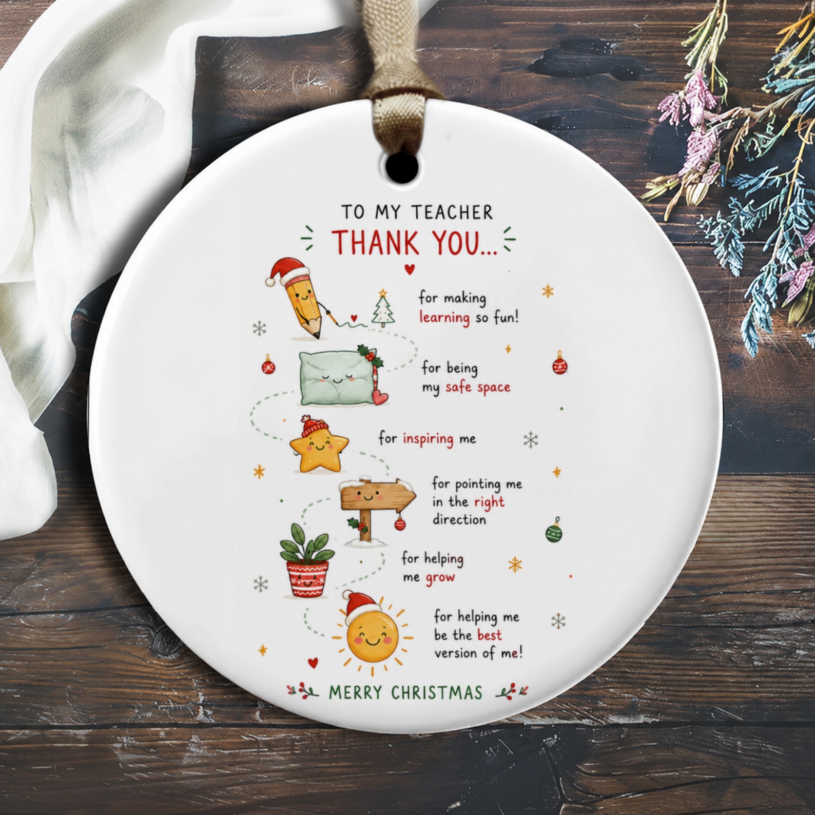 To My Teacher Thank You... Merry Christmas Ornament Teacher Appreciation Christmas Gift Cute Holiday Decor O2225