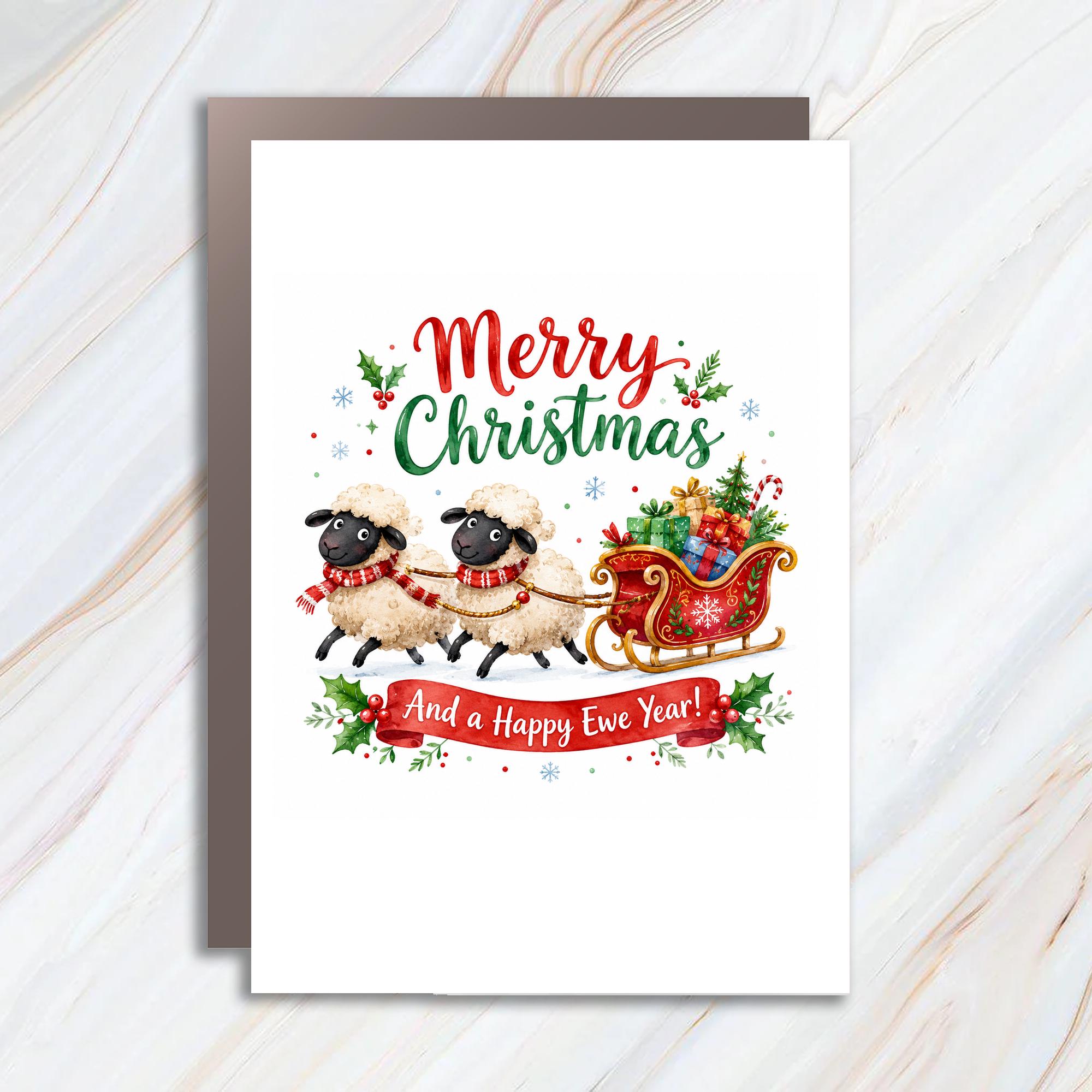 Merry Christmas And A Happy Ewe Year! Funny Christmas Card Sheep Holiday Greeting Card Cute Animal Xmas Card For Friends Family C1524