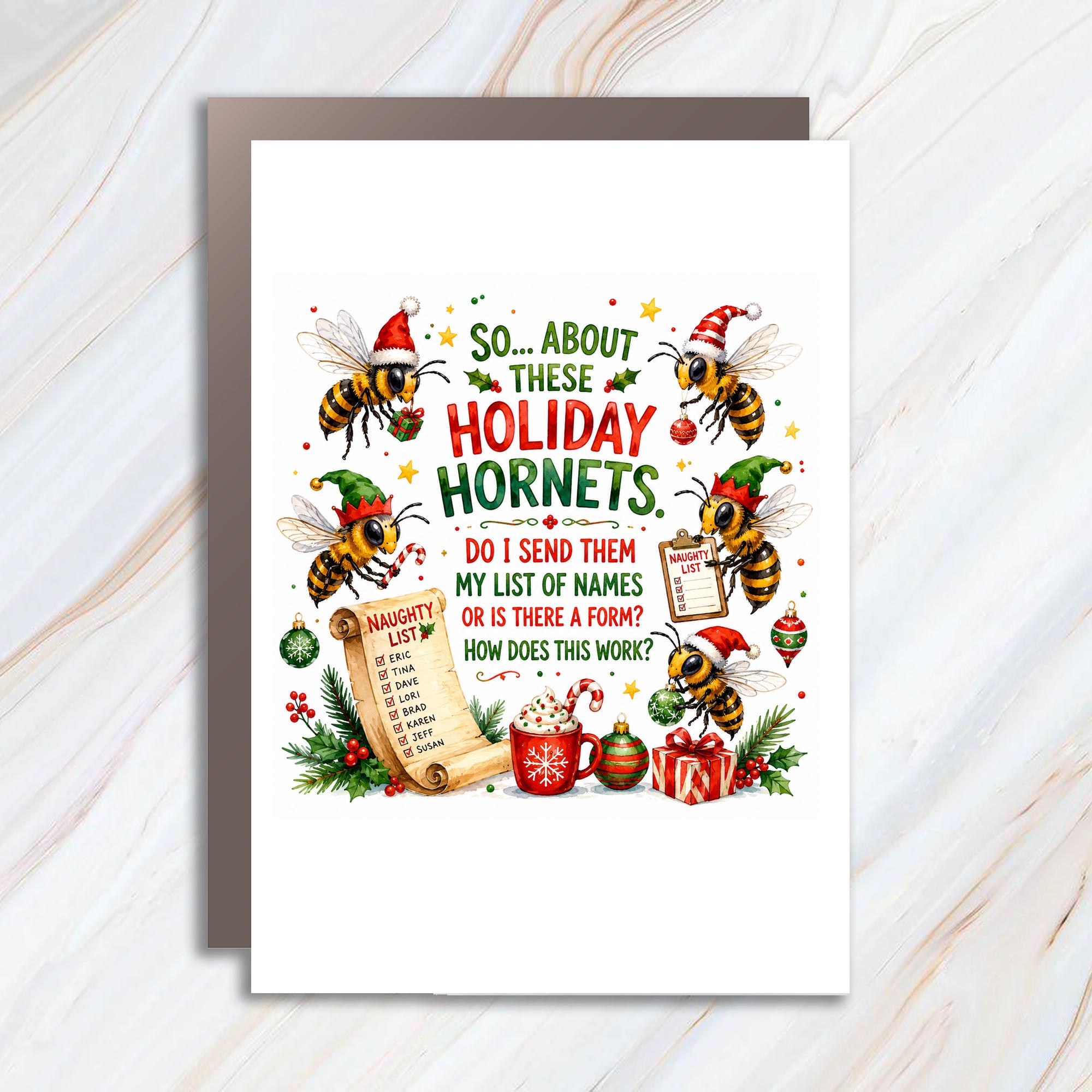 So... About These Holiday Hornets Funny Christmas Card Festive Bees Holiday Naughty List Greeting Card For Friends C1526