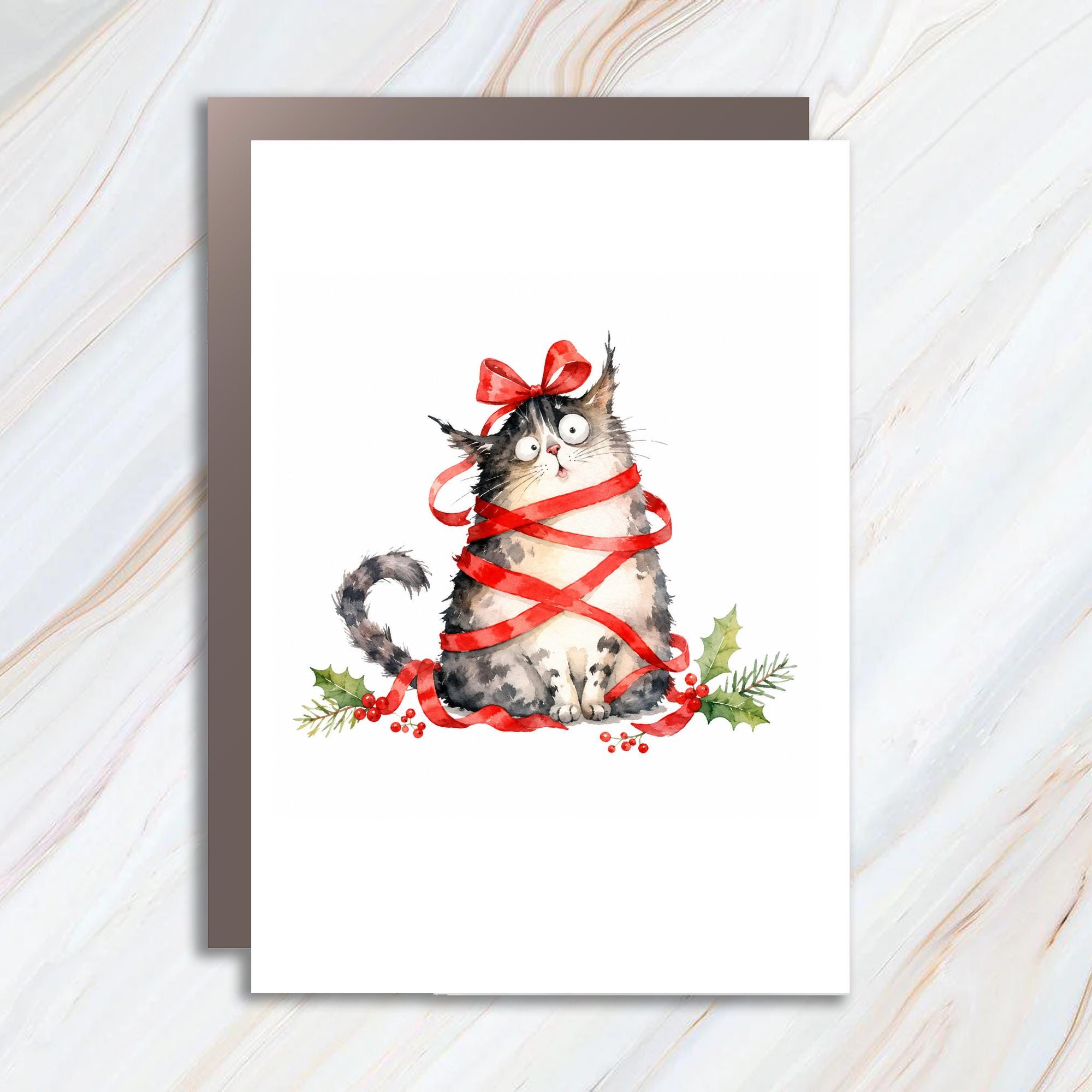Cute Cat Wrapped In Ribbon Christmas Card Funny Holiday Greeting Card For Cat Lover Adorable Animal Xmas Card C1529