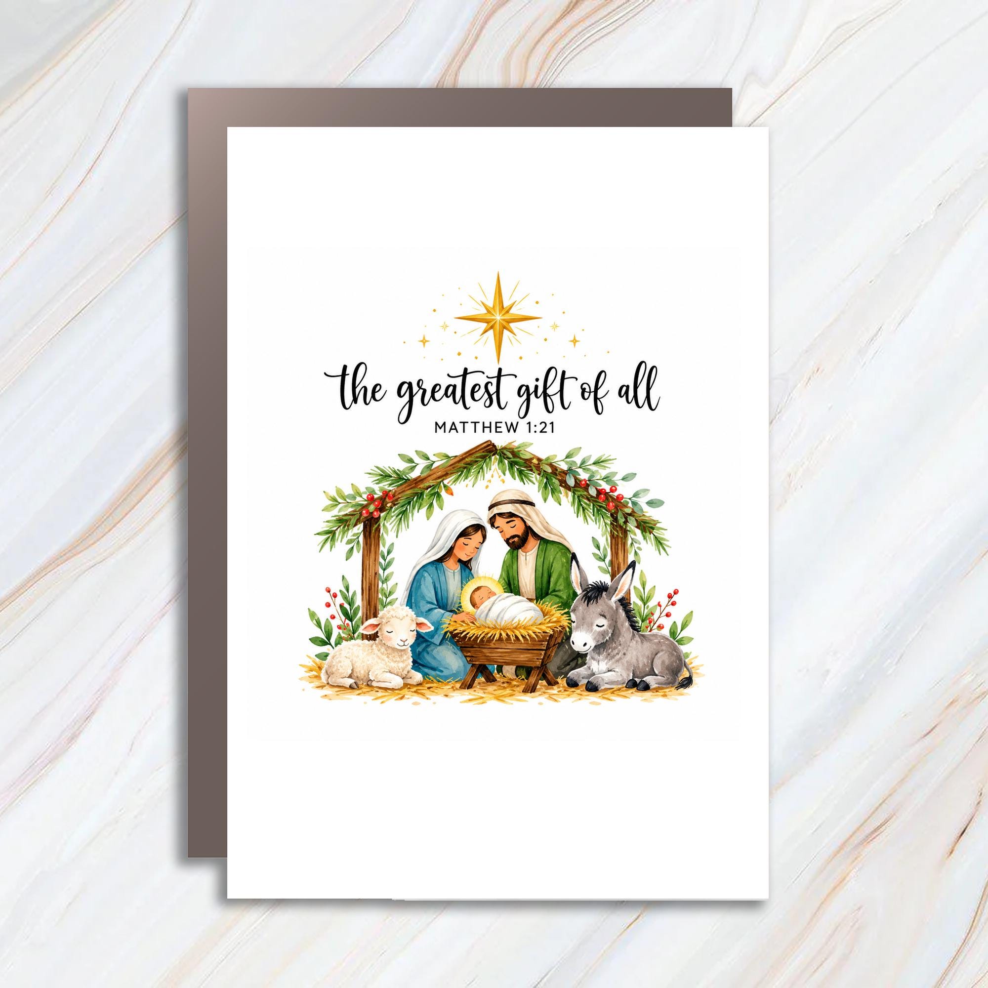 The Greatest Gift Of All Matthew 1:21 Christmas Card Nativity Scene Religious Holiday Card Christian Greeting Card C1514