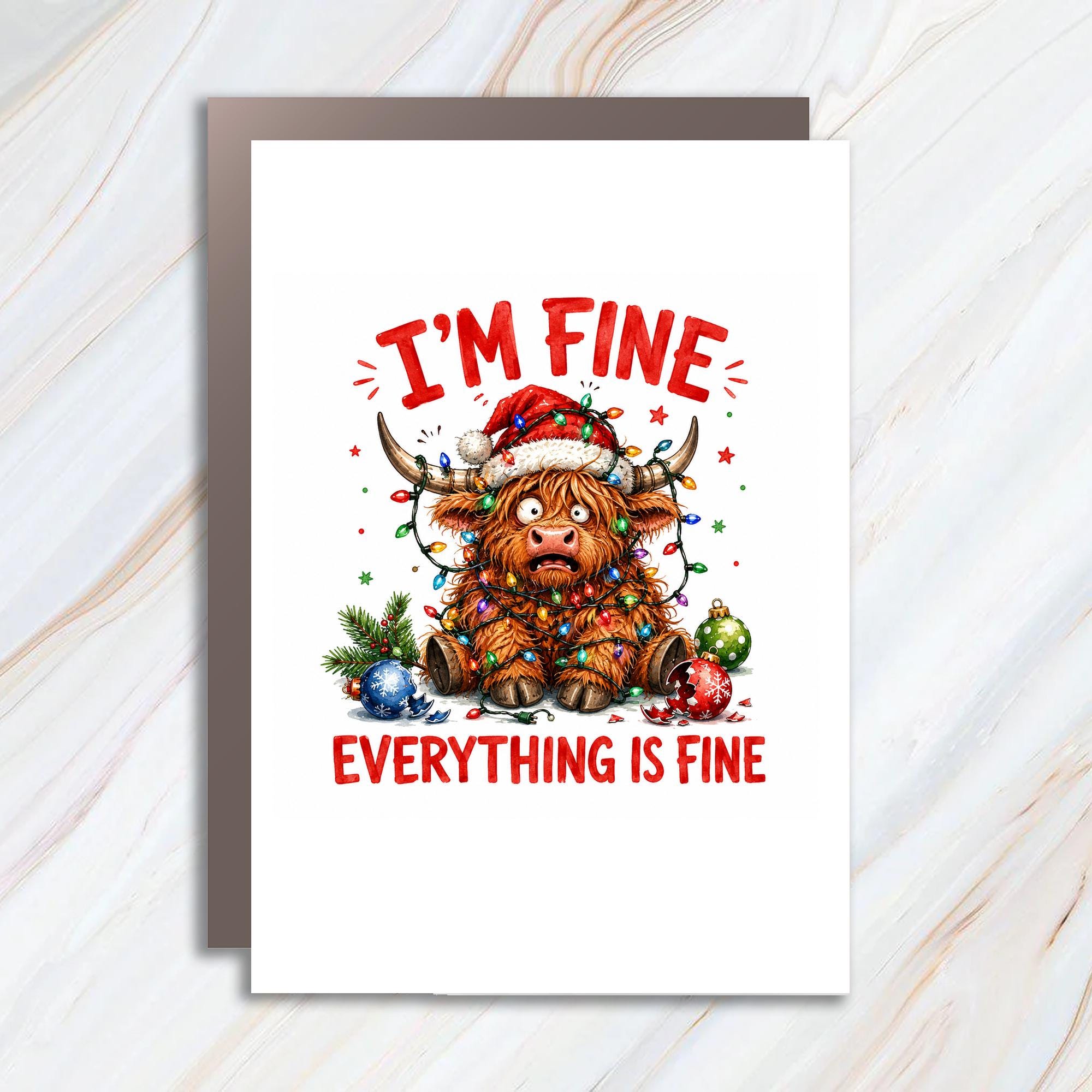 I'm Fine Everything Is Fine Funny Christmas Card Highland Cow Holiday Cute Animal Greeting Card For Friend Family C1533