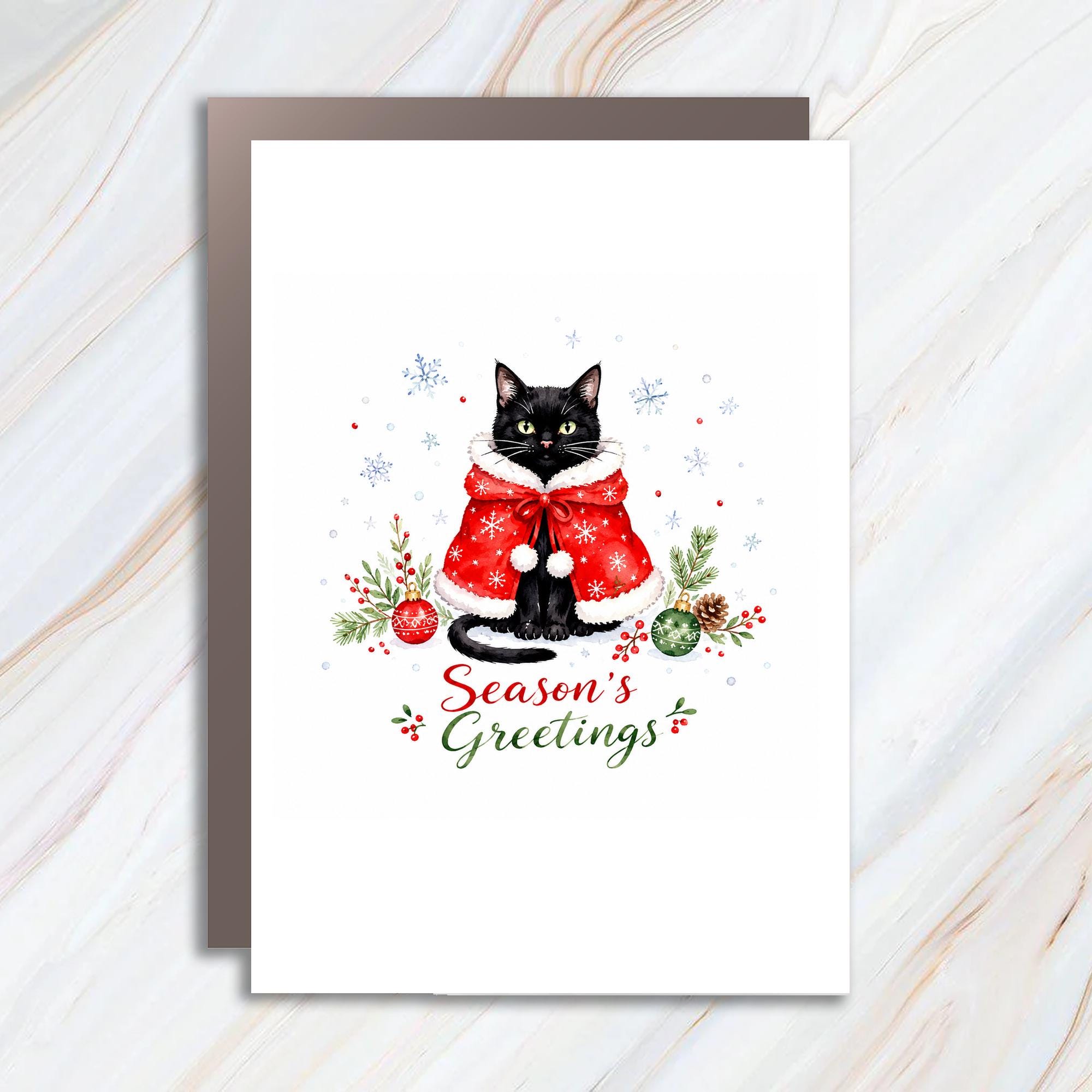 Season's Greetings Christmas Card Black Cat In Santa Hat Cute Holiday Card For Cat Lovers Festive Winter Scene C1520