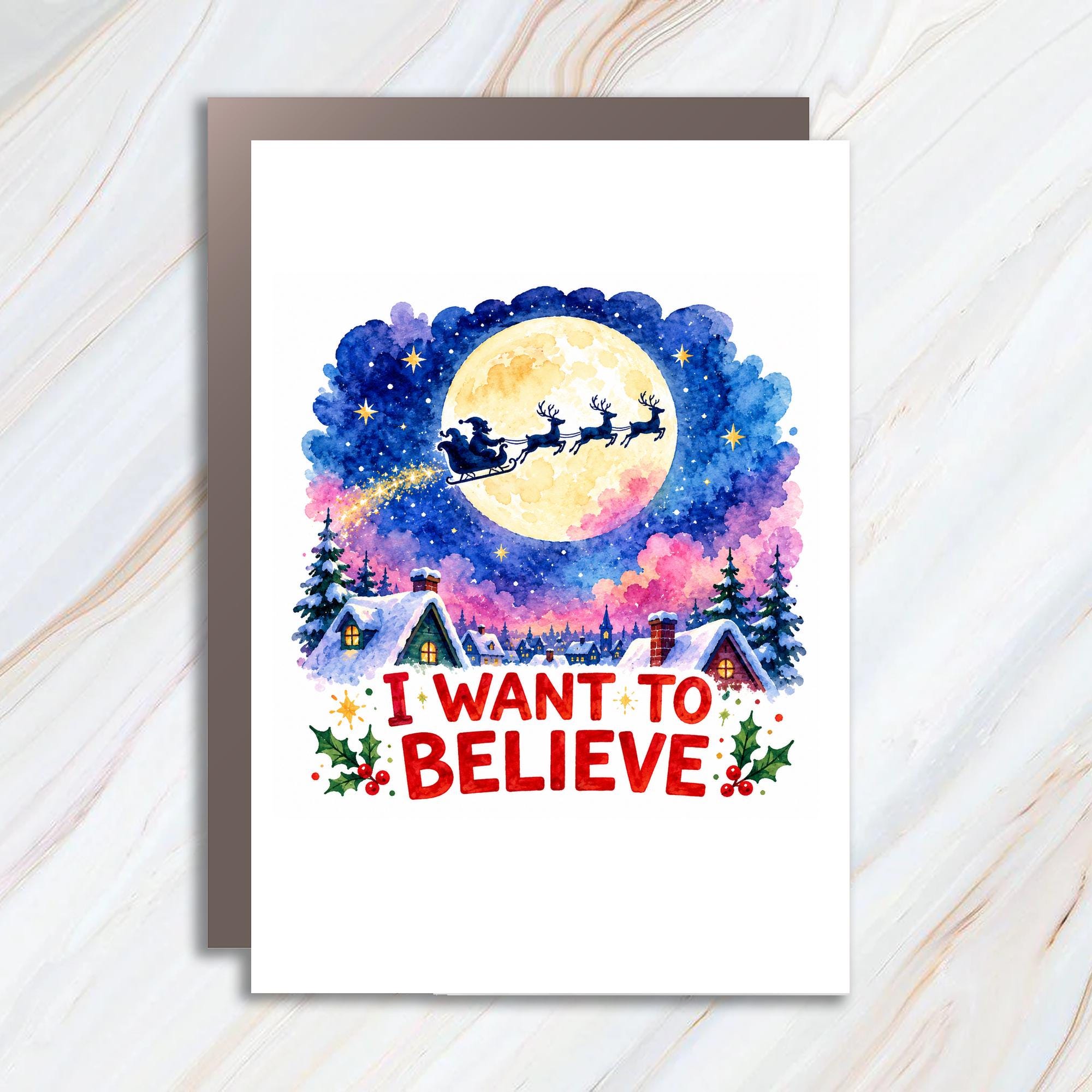 I Want To Believe Christmas Card Santa Sleigh Winter Wonderland Holiday Greeting Card For Him Her Festive Xmas Card C1522