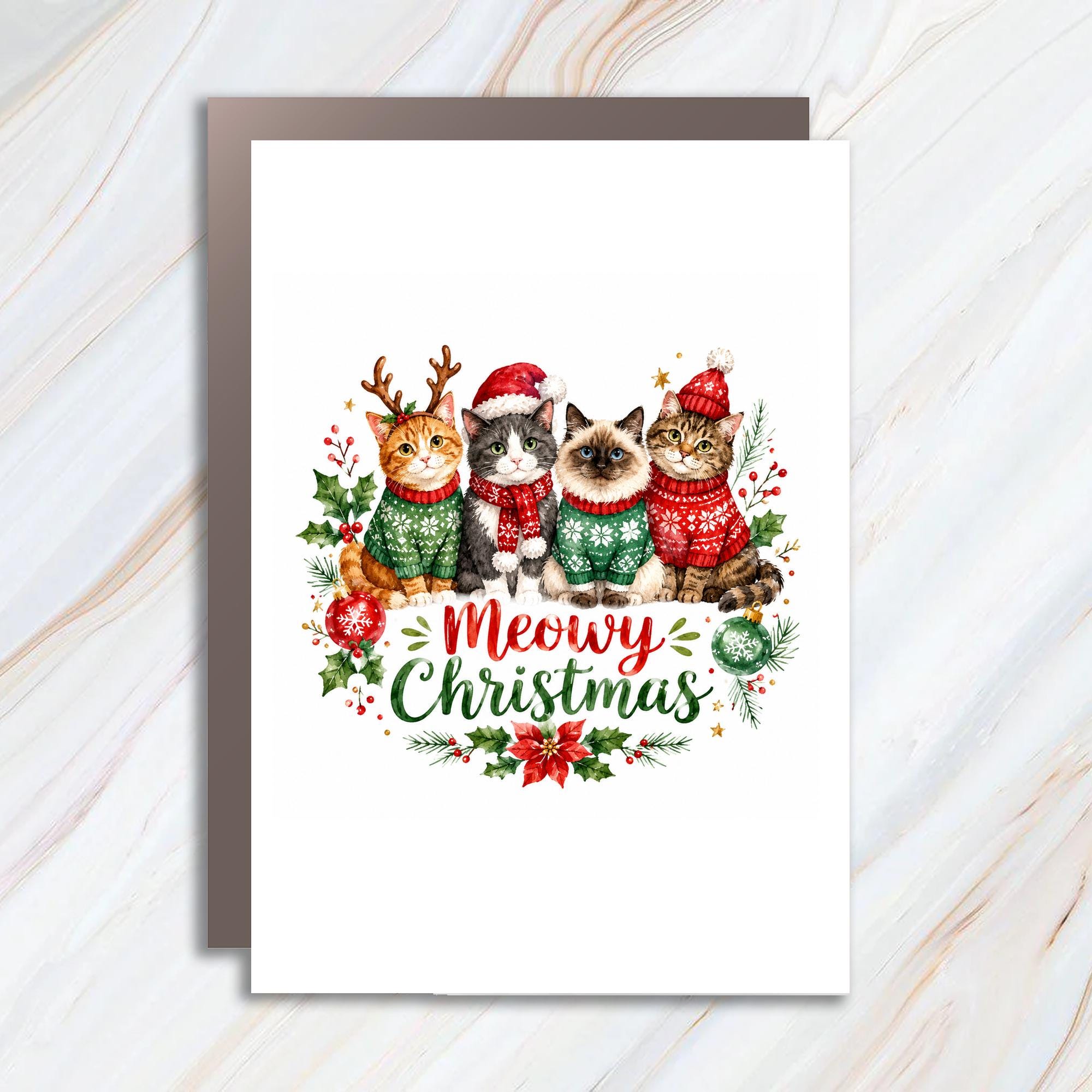 Meowy Christmas Cute Cat Christmas Card Festive Holiday Greeting Card For Cat Lover Adorable Feline Xmas Card C1523