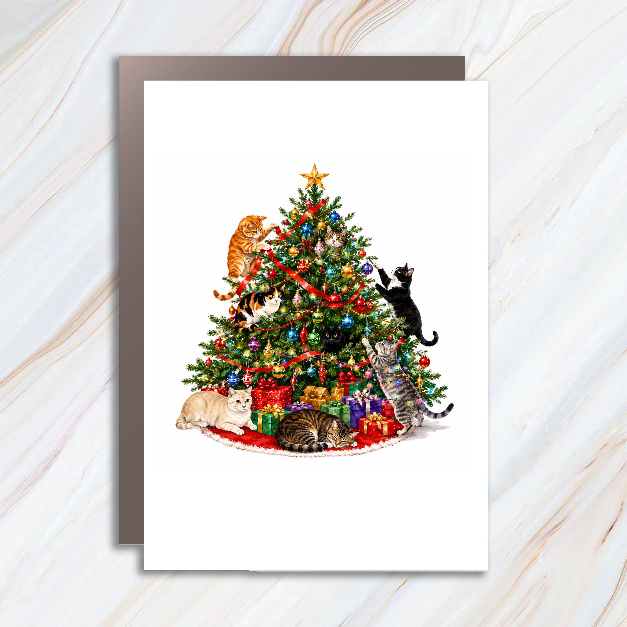 Cats And Christmas Tree Card Cute Holiday Greeting Card For Cat Lover Festive Xmas Card Adorable Feline Christmas Card C1545