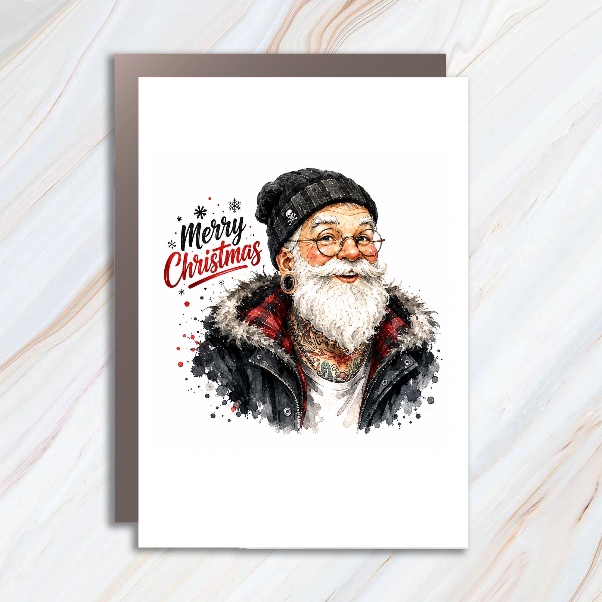 Merry Christmas Modern Santa Card Hipster Holiday Greeting Card Tattooed Santa Christmas Card For Him Fun Xmas Card C1552