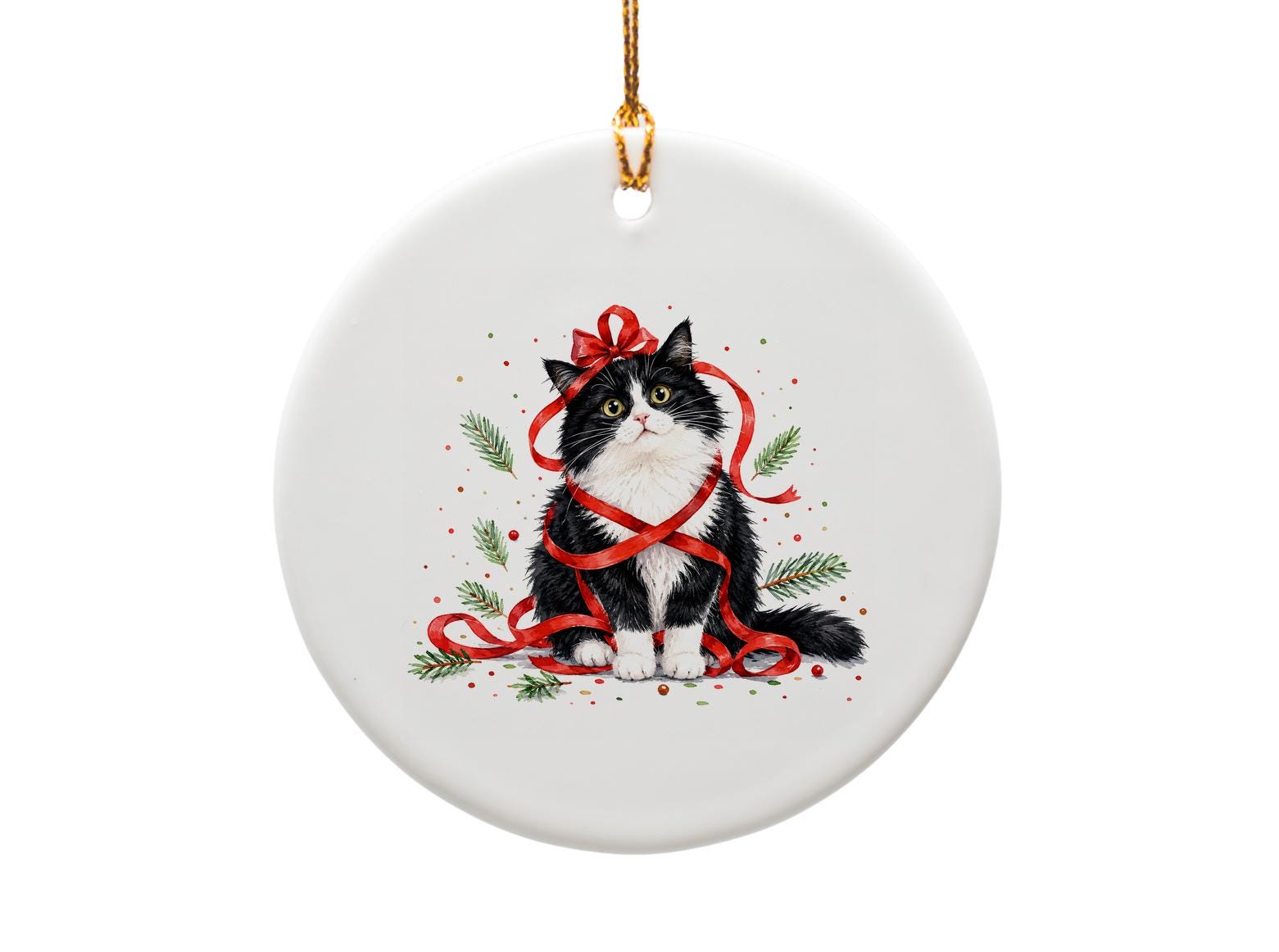 Black Cat Christmas Ornament Cute Holiday Decor Red Ribbon Kitty Festive Tree Decoration Cat Lover Gift O1512
