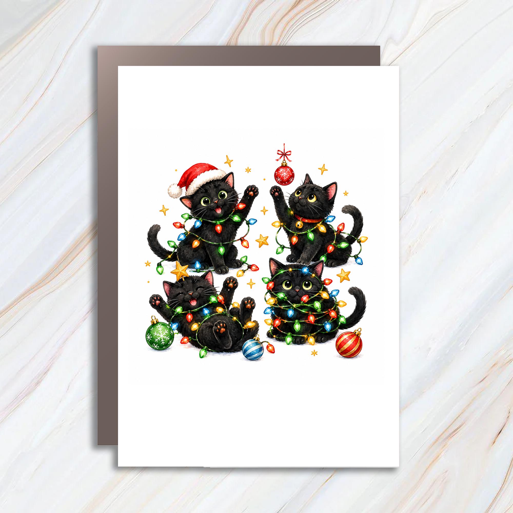 Playful Black Cats Christmas Card Cute Holiday Greeting Card For Cat Lovers Festive Lights Xmas Card Animal Lover C1530