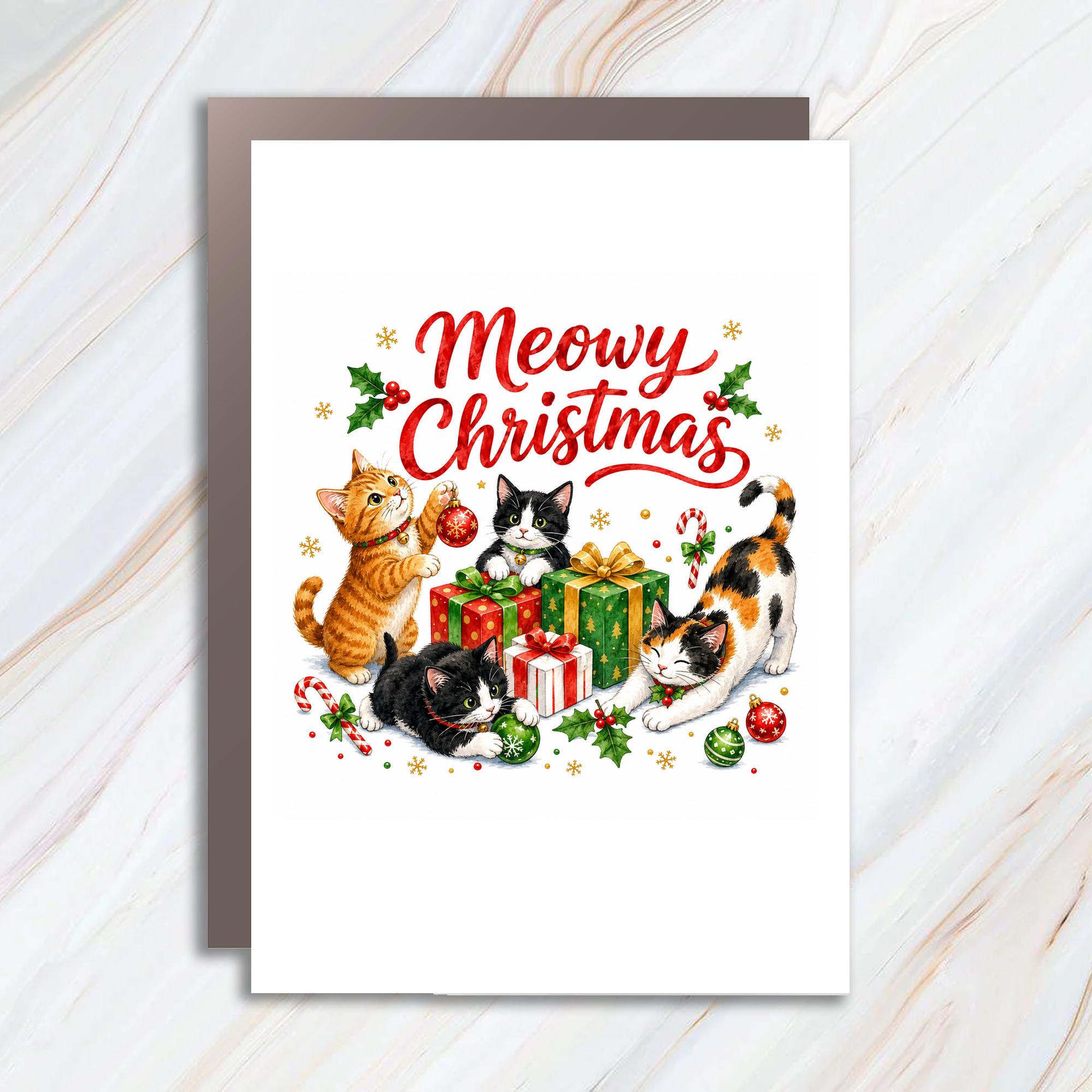Meowy Christmas Cute Cat Christmas Card Festive Holiday Greeting Card For Cat Lover Adorable Feline Xmas Card C1532