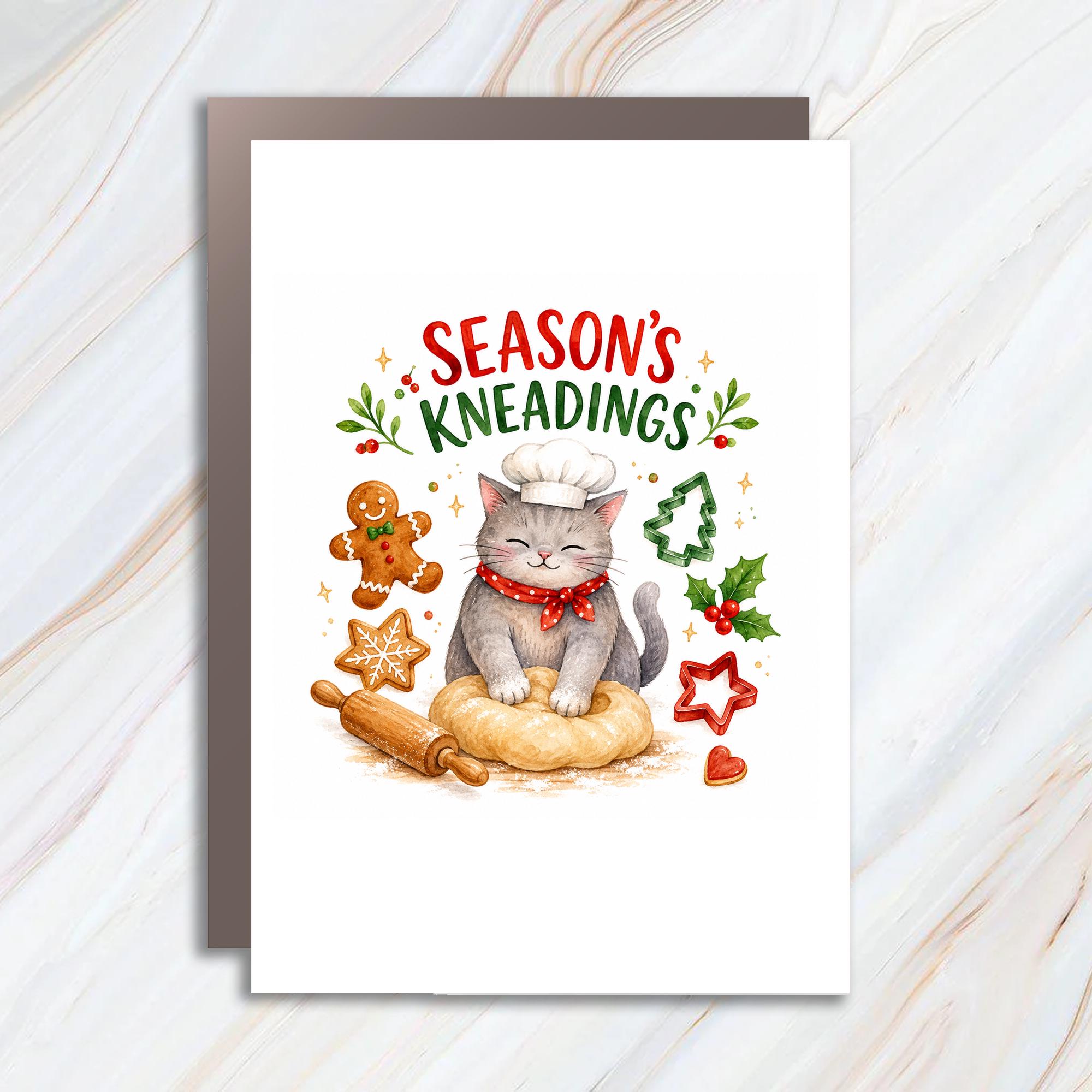 Season's Kneadings Christmas Card Cute Cat Baking Holiday Greeting Card For Cat Lover Funny Festive Card With Gingerbread C1539