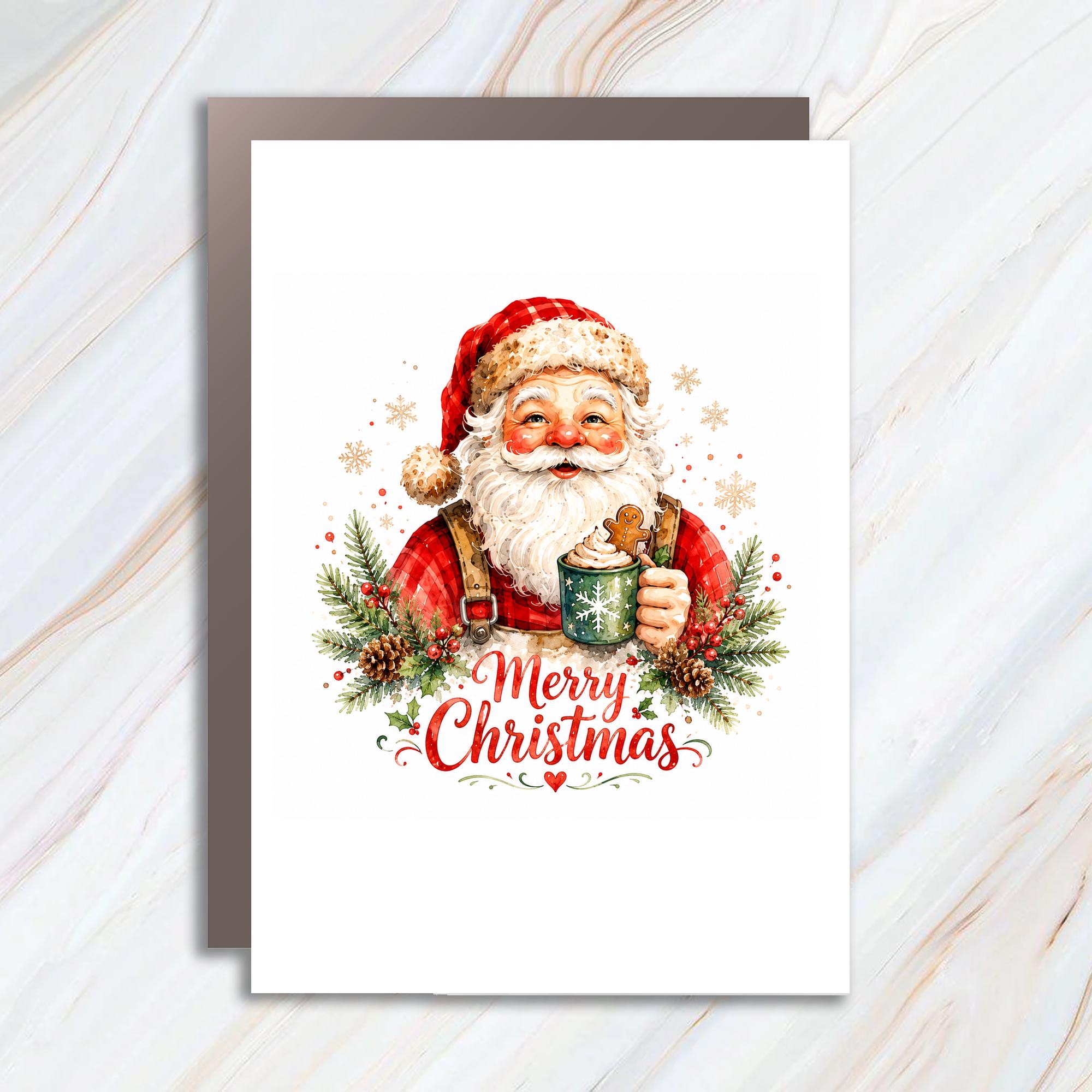Merry Christmas Santa Card Festive Holiday Greeting Card Cute Santa With Mug And Gingerbread Christmas Card For Family C1542