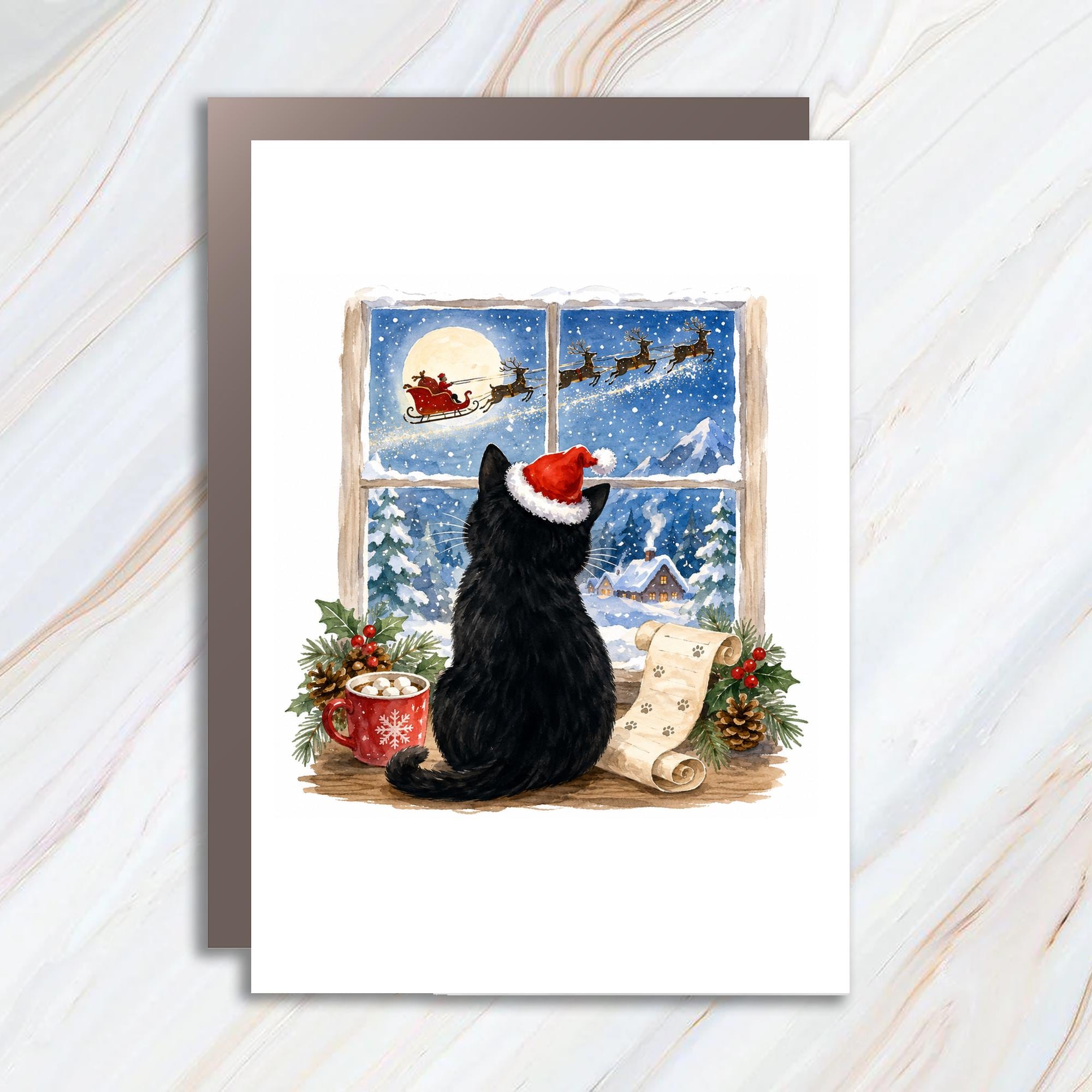Cat Watching Santa Sleigh Christmas Card Cute Holiday Greeting Card For Cat Lover Winter Scene Festive Animal Card C1543