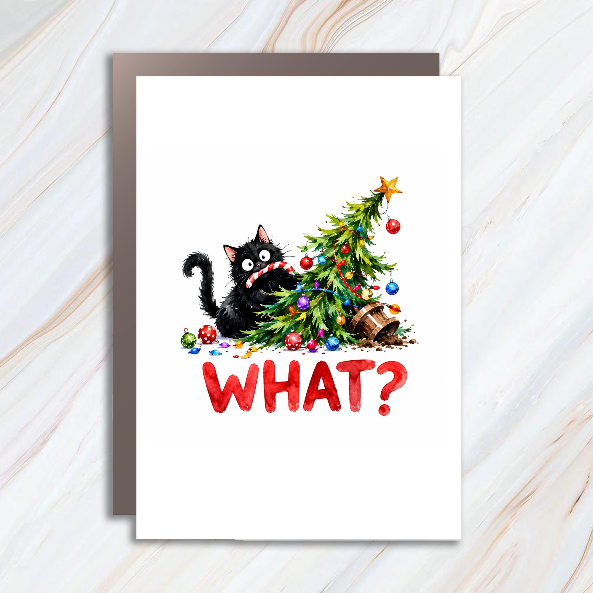 What? Funny Cat Christmas Card Cute Holiday Greeting Card For Cat Lover Xmas Card With Cat And Tree C1548