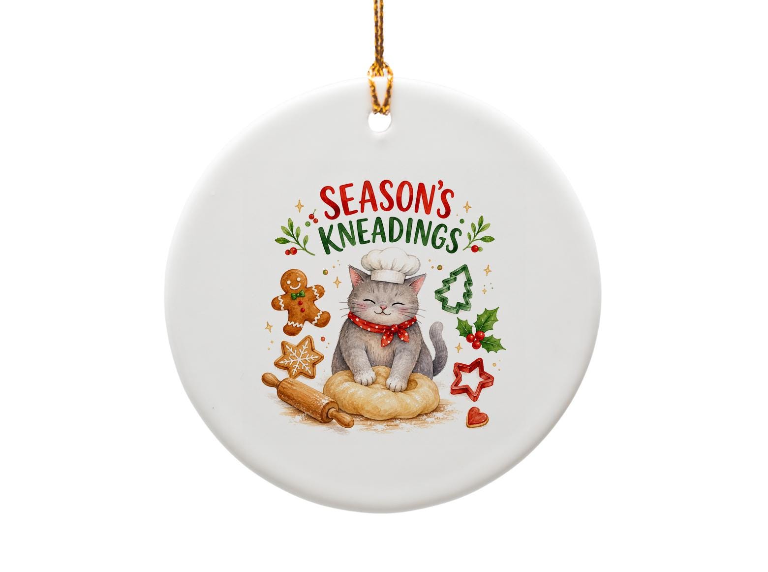Season's Kneadings Christmas Ornament Cute Cat Baking Holiday Decor Kitty Chef Gingerbread Cookie Tree O1539