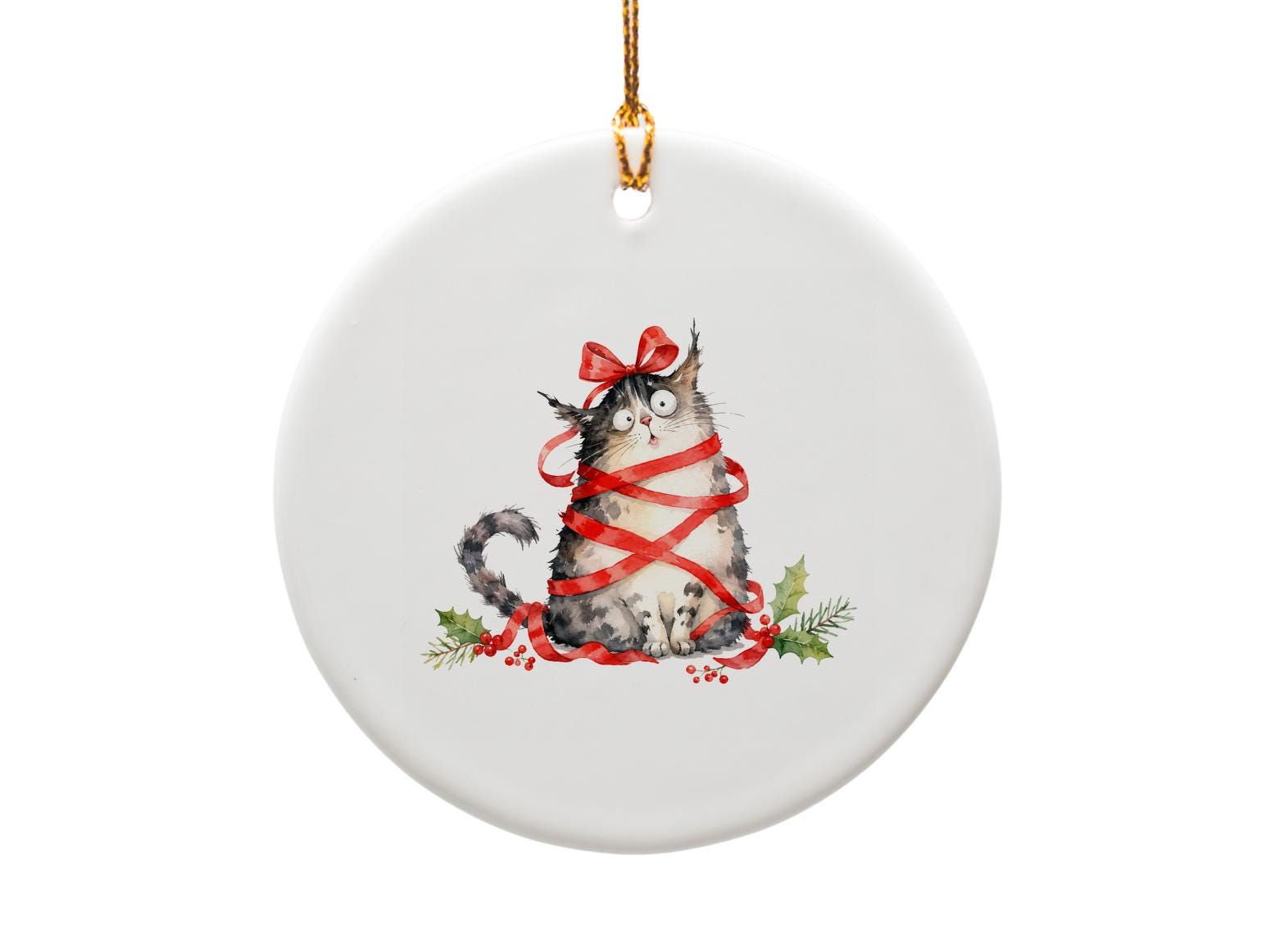 Cute Cat Christmas Ornament Watercolor Kitty Wrapped In Ribbon Holiday Decor For Cat Lovers Festive Tree Decoration O1529