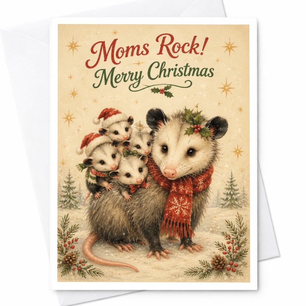 Moms Rock! Merry Christmas Card Cute Possum Family Holiday Card For Mom Animal Lover Festive Greeting Card Xmas Card C6499