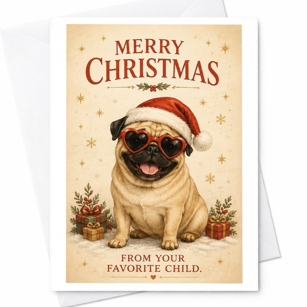 Merry Christmas From Your Favorite Child Funny Christmas Card Pug Dog Lover Holiday Card Cute Santa Hat Greeting Card C6501