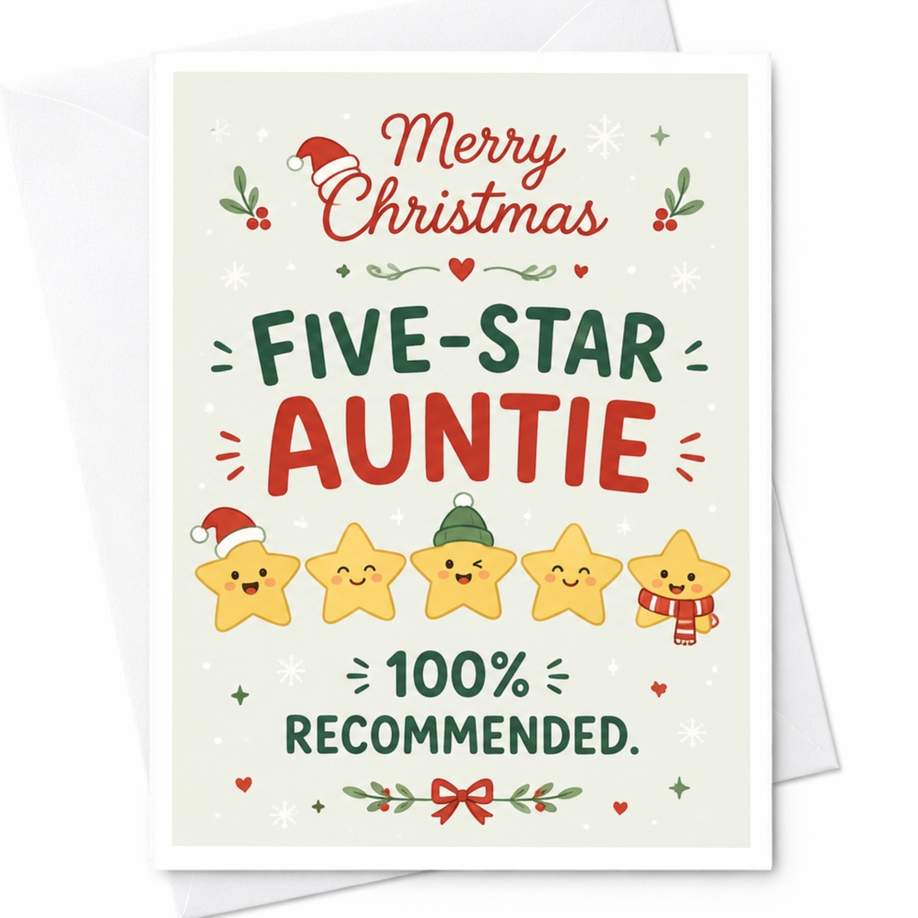 Merry Christmas Five-Star Auntie 100% Recommended Christmas Card Cute Holiday Greeting For Aunt Festive Stars C6504