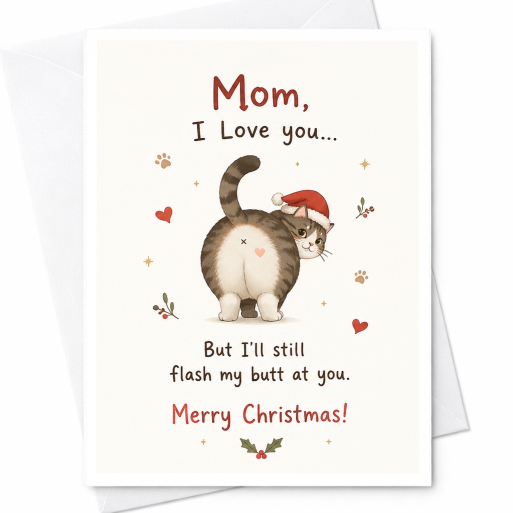 Mom, I Love You... But I'll Still Flash My Butt At You. Merry Christmas! Funny Cat Christmas Card For Mom Cute Holiday Card C6505