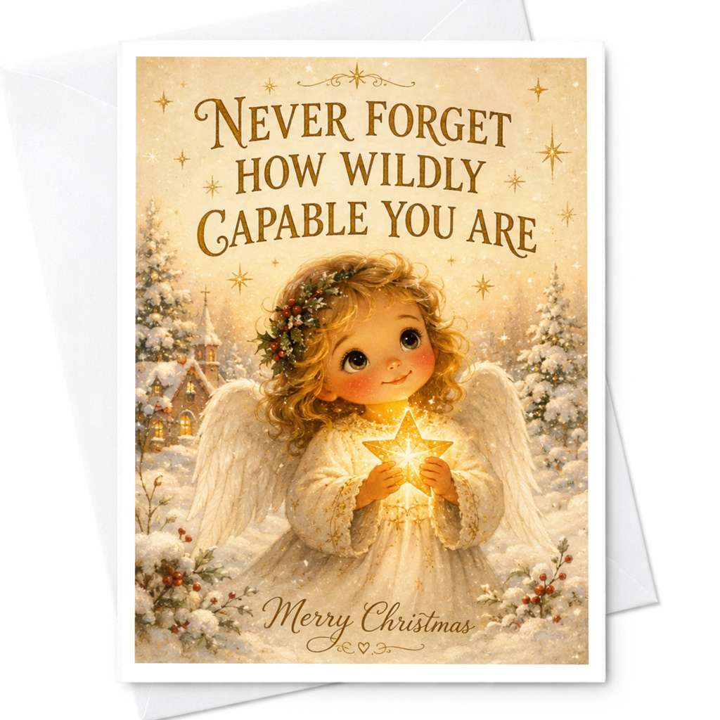 Never Forget How Wildly Capable You Are Merry Christmas Card Angel With Star Cute Holiday Greeting Card For Loved Ones C6513