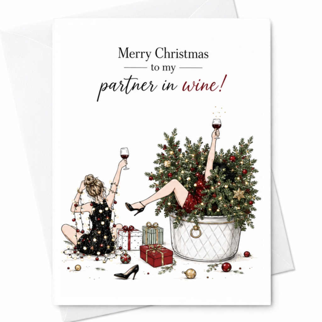 Merry Christmas To My Partner In Wine! Funny Christmas Card For Wine Lover Holiday Greeting Card For Friend Cute Festive Card C6534