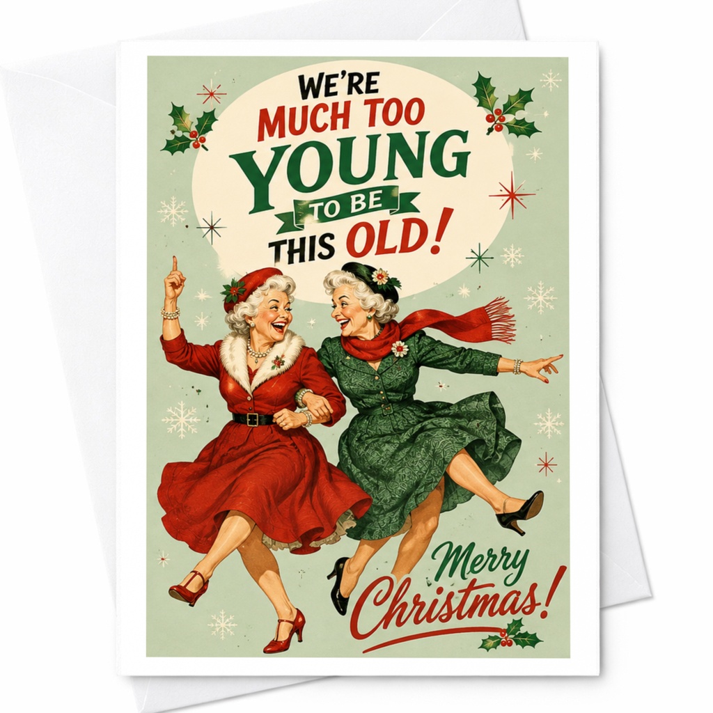We're Much Too Young To Be This Old! Merry Christmas! Funny Christmas Card For Her Vintage Style Holiday Greeting Card C6544