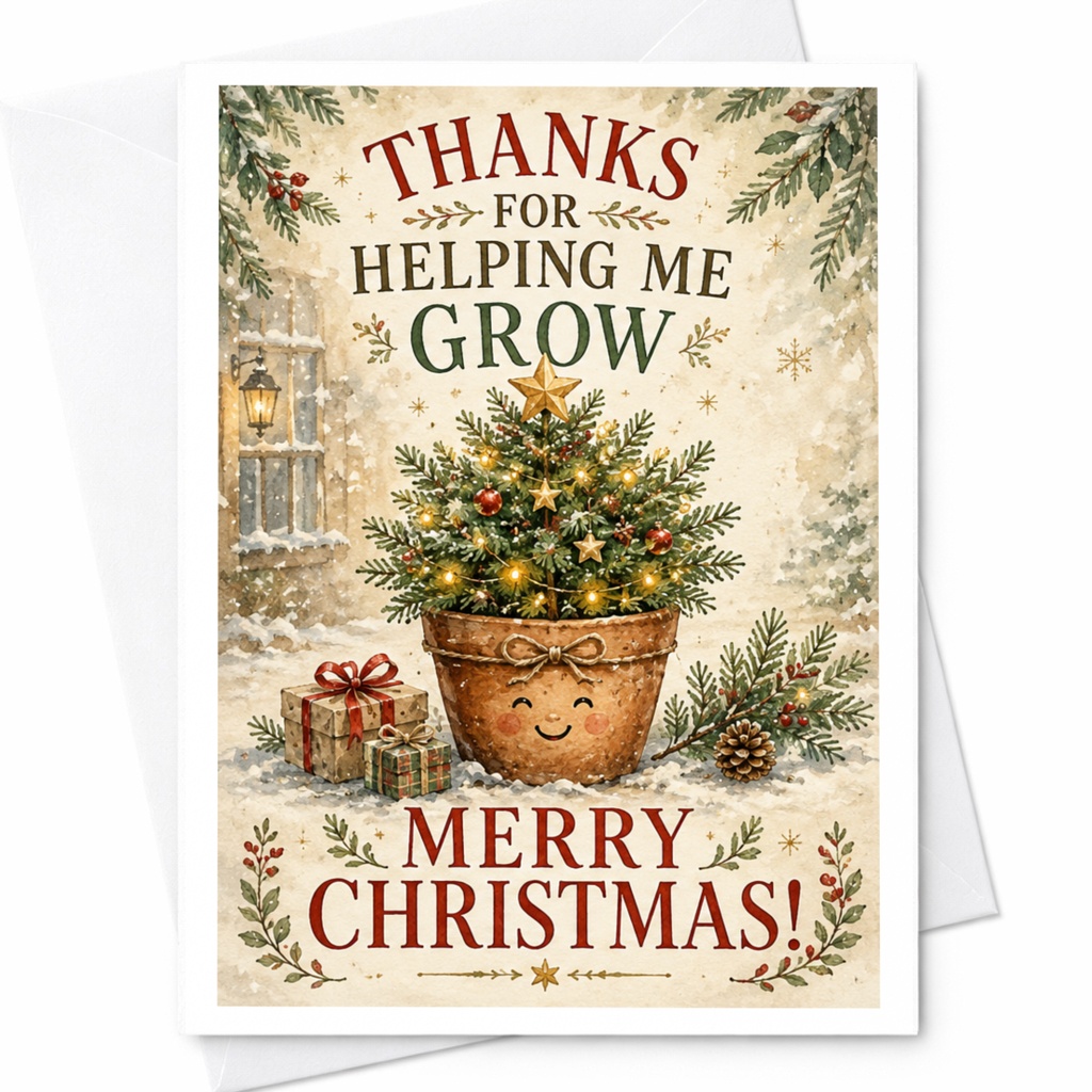 Thanks For Helping Me Grow Merry Christmas! Cute Christmas Card Holiday Greeting Card For Teacher Mentor Appreciation C6545