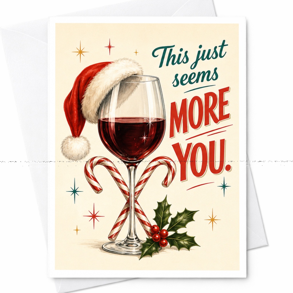 This Just Seems More You Christmas Card Funny Holiday Greeting Wine Lover Santa Hat Candy Canes Festive Card C6551