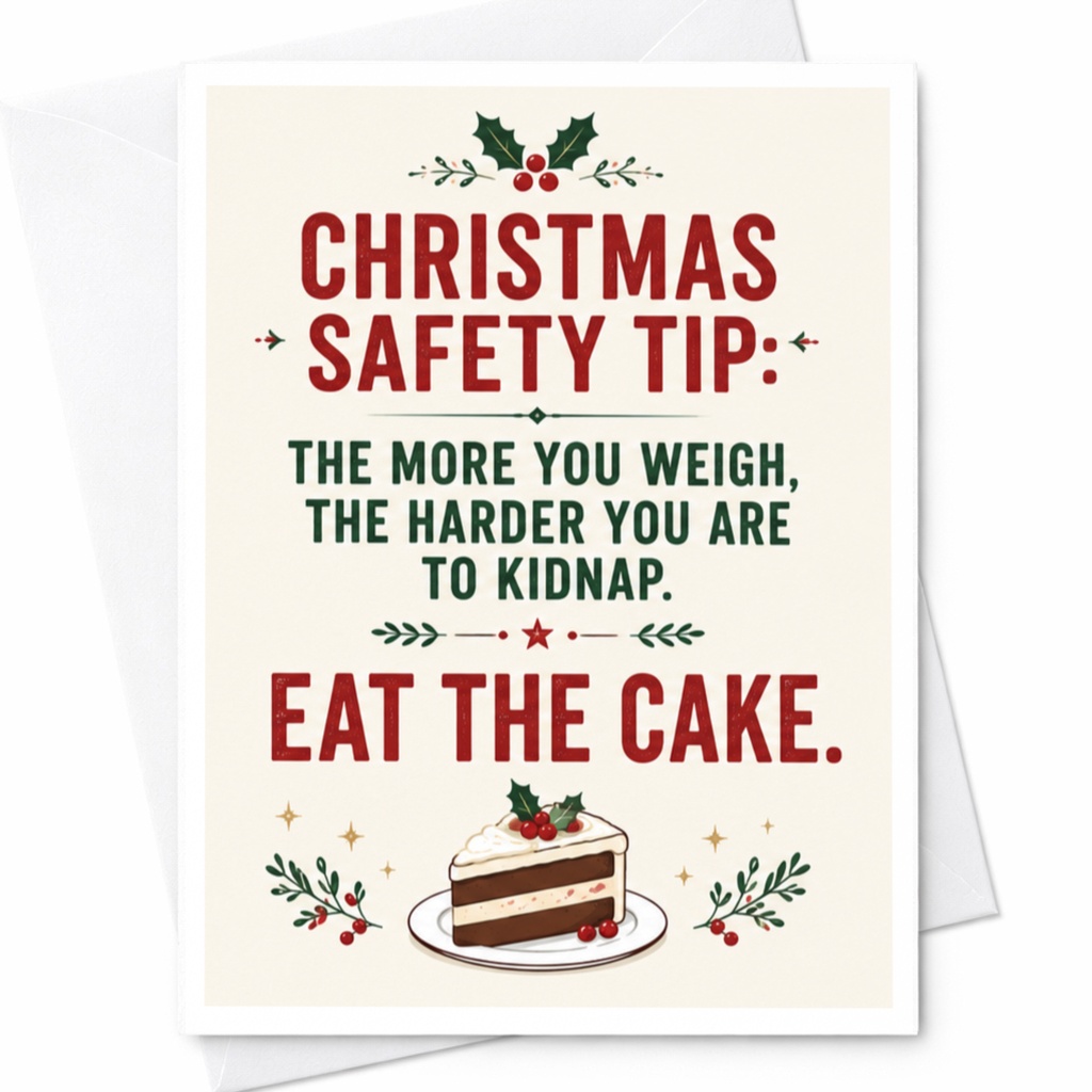 Christmas Safety Tip: The More You Weigh, The Harder You Are To Kidnap. Eat The Cake. Funny Christmas Card Holiday C6553