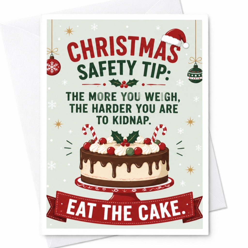Christmas Safety Tip: The More You Weigh, The Harder You Are To Kidnap. Eat The Cake. Funny Christmas Card Holiday For Frien C6554
