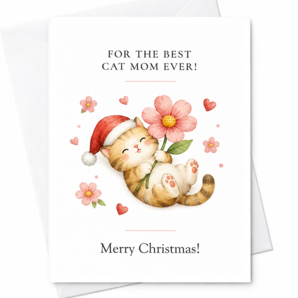 For The Best Cat Mom Ever! Merry Christmas! Cute Cat Christmas Card For Cat Lover Mom Holiday Greeting Card With Santa Hat C6555