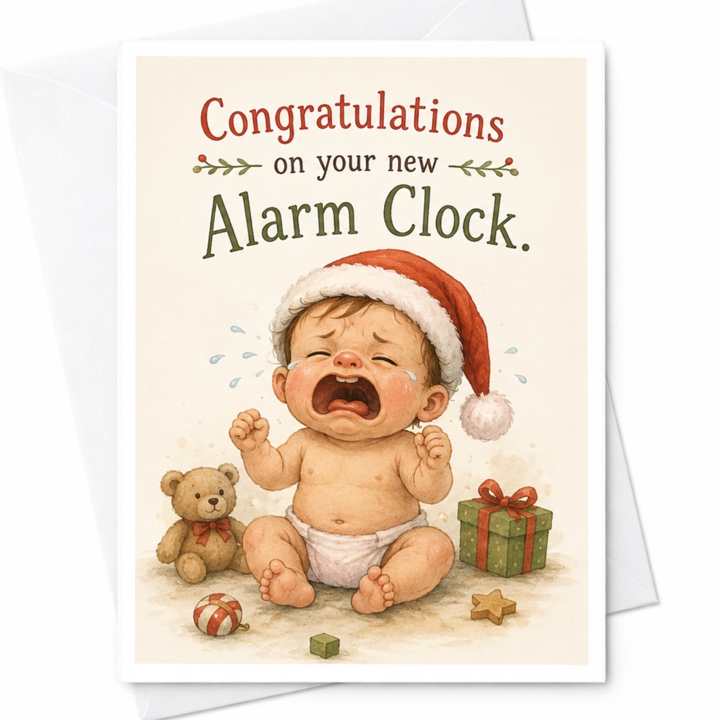 Congratulations On Your New Alarm Clock Funny New Baby Card Crying Baby Santa Hat Christmas Card For New Parents C6563