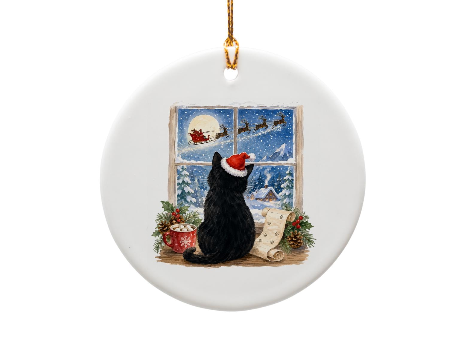 Cat Watching Santa Christmas Ornament Cute Holiday Decor Winter Scene Festive Cat Lover Gift Santa Hat Ornament O1543