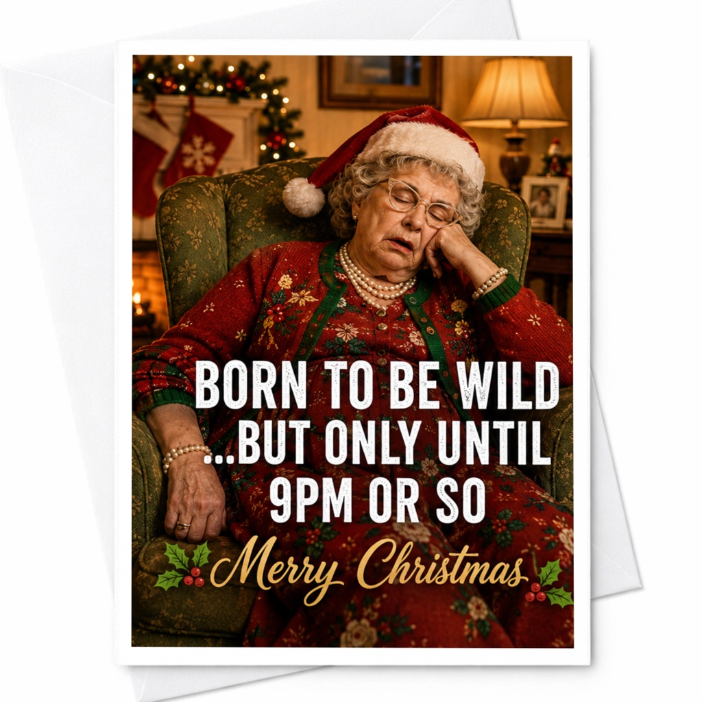 Born To Be Wild ...but Only Until 9pm Or So Merry Christmas Funny Christmas Card For Grandma Holiday Festive Greeting Card C6575
