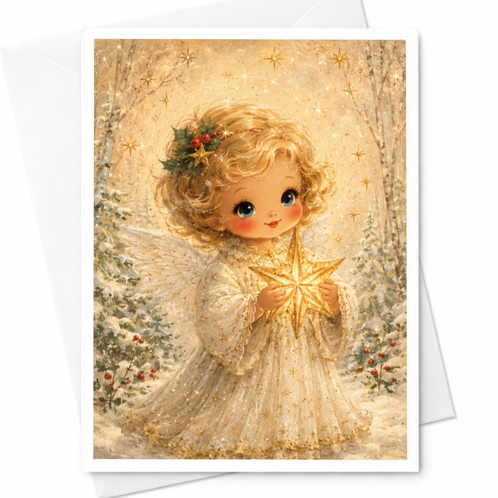 Angel Holding Star Christmas Card Cute Holiday Greeting Card For Kids Adorable Winter Scene Festive Card For Family C6491
